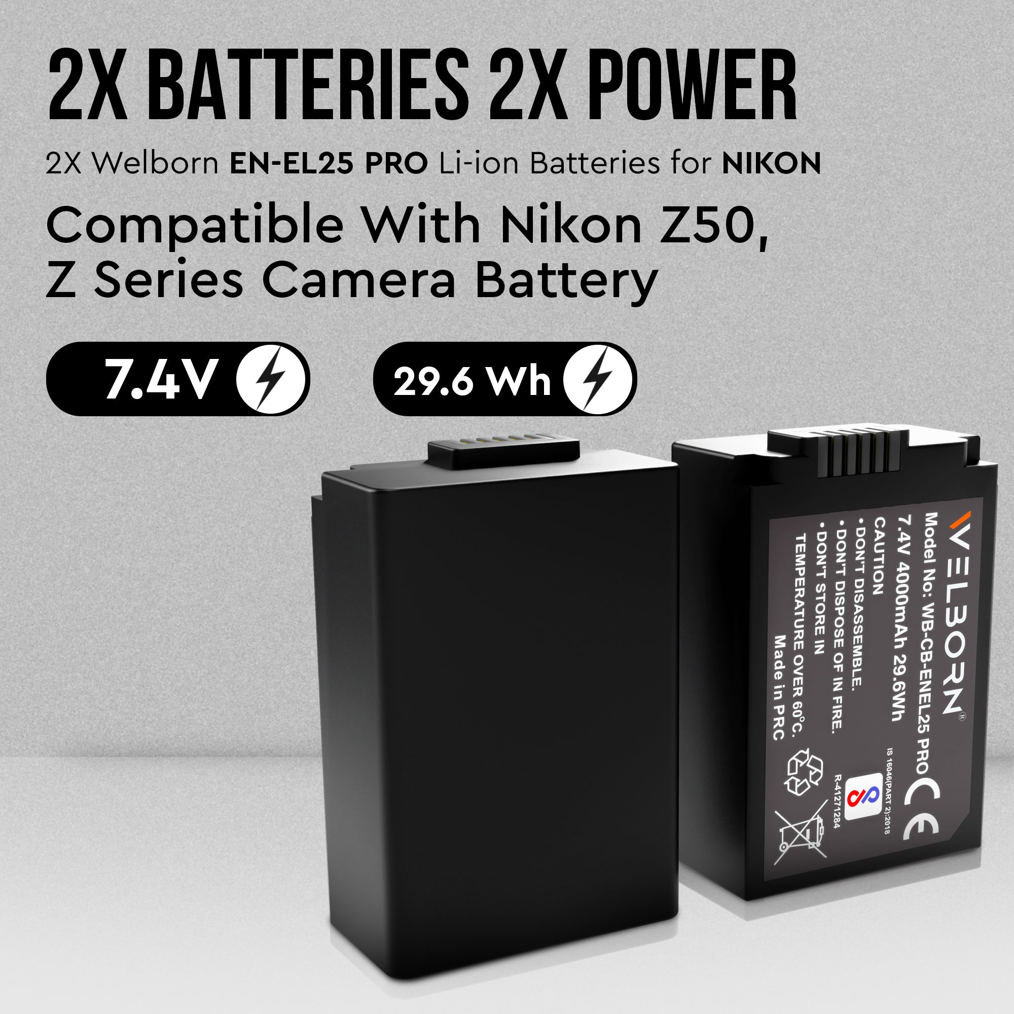 WELBORN Dual EN-EL25 Batteries with Charger combo pack for Nikon Mirrorless Cameras (Z30 / Z50 / Z fc)