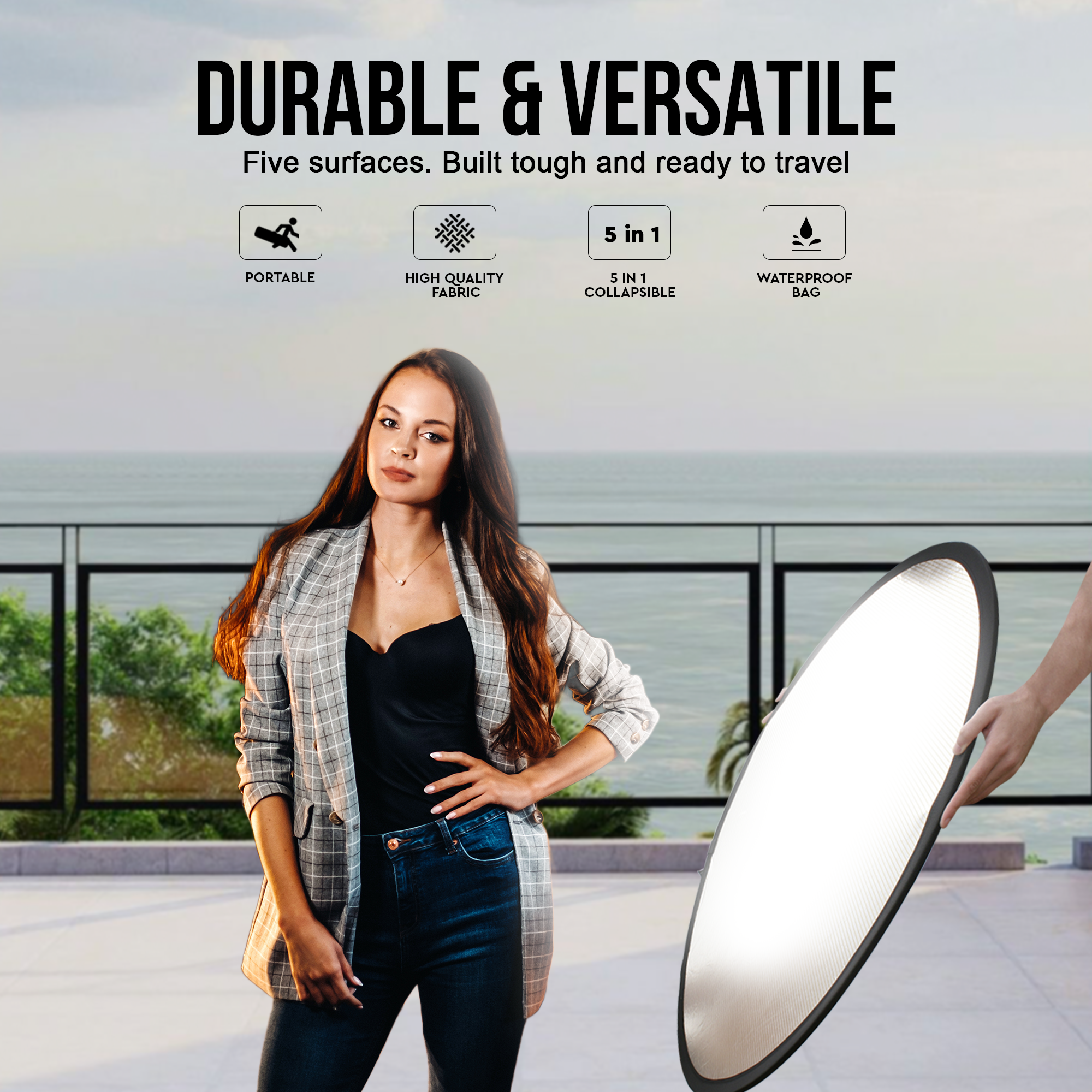Welborn 5-in-1 Collapsible Light Reflector 43" (110cm) – Gold, Silver, White, Black & Translucent Photography Diffuser for Studio & Outdoor Shoots