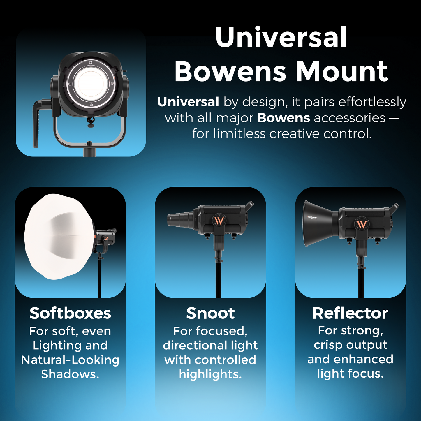 Welborn VL-720B LED COB Light with App Control 18CM Reflector 720W - 3200K-5600K Adjustable Color Temperature, AC Powered, Ideal for Photography & Video Shooting