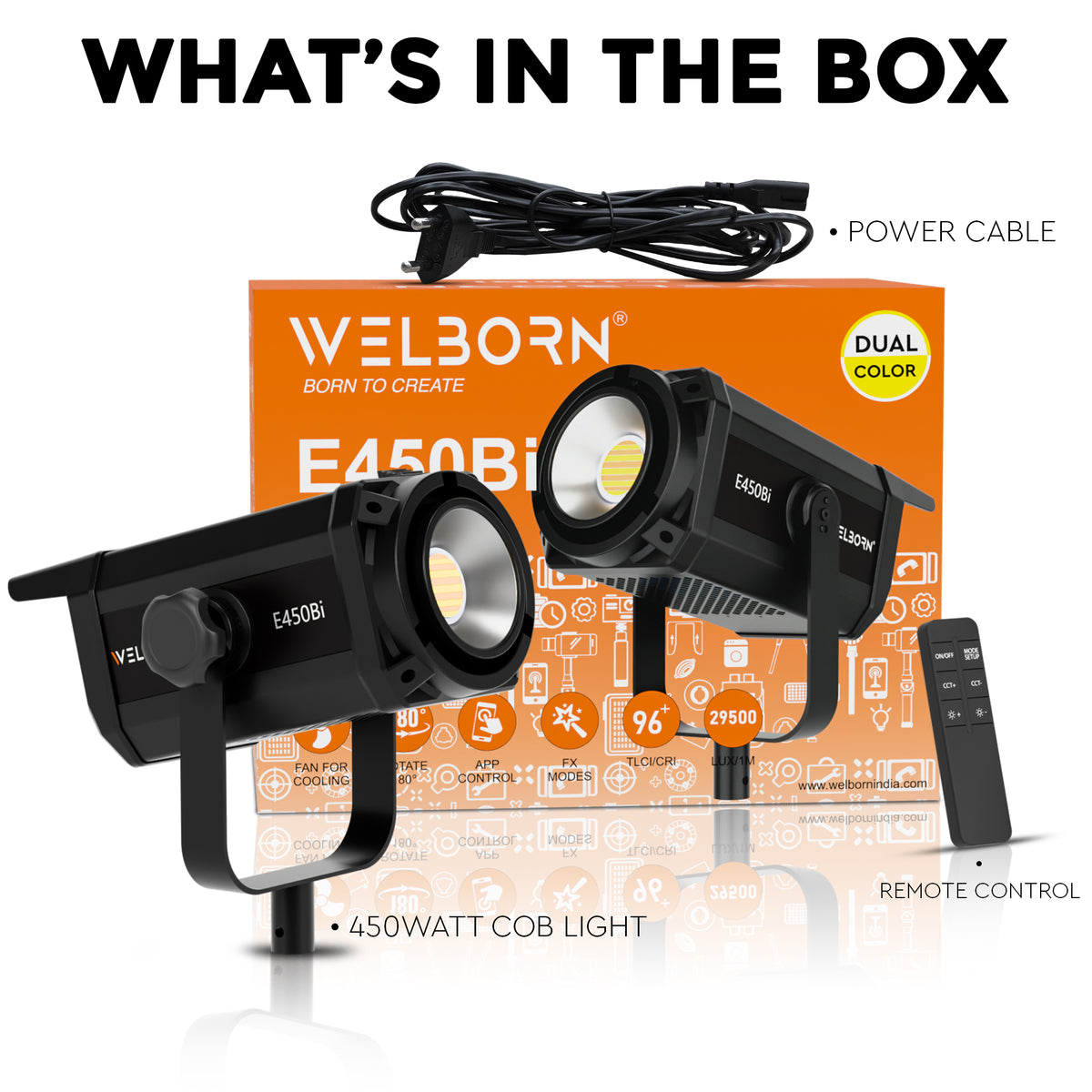 WELBORN WB-CL-E450BI 450W Professional COB LED Bi-Color Video Light | 2700K–6500K Adjustable Color Temperature | 96+ CRI | 29,500 Lux High-Output Lighting | Studio Light for Photography, Videography, Film & Content Creation