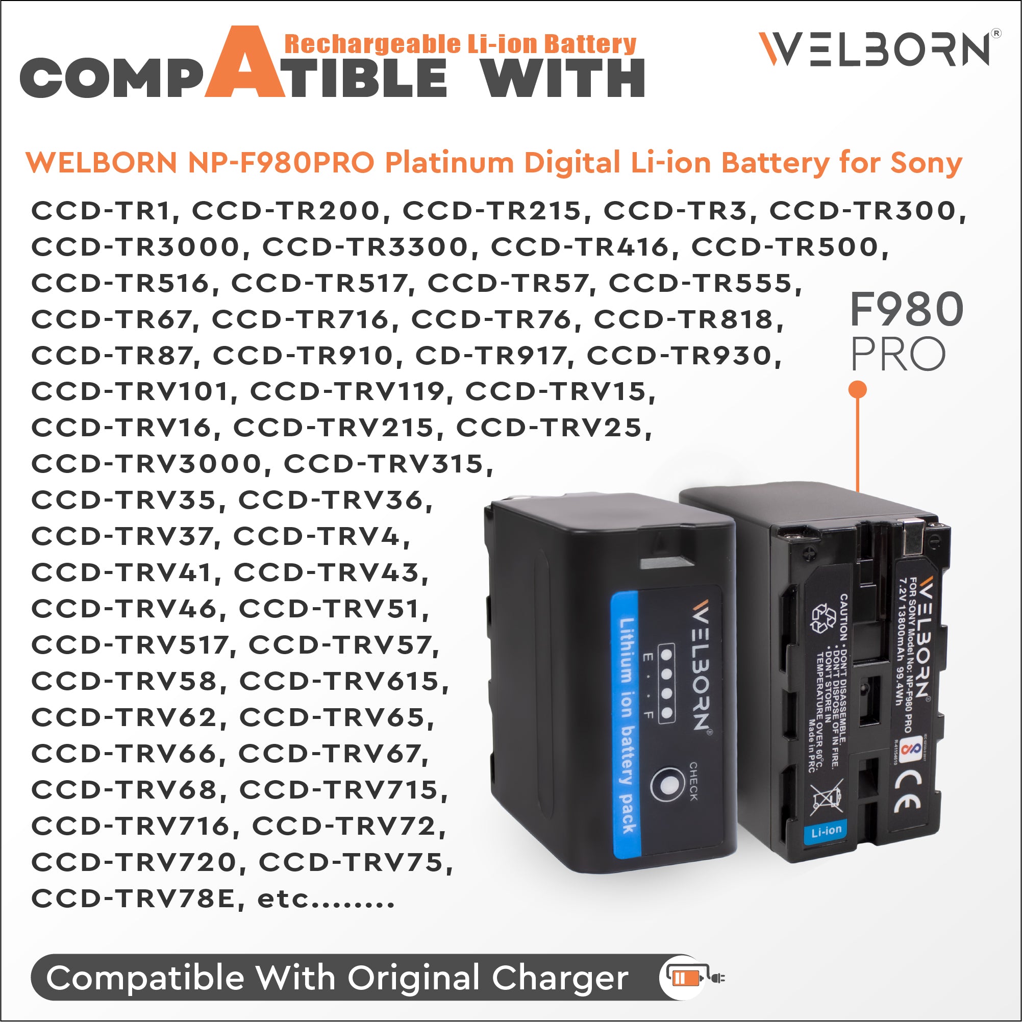 WELBORN Camera Battery for Sony F980PRO Platinum Lithium-ion Rechargeable Battery Compatible with Sony PD150, 150P, 170, 170P, TR1, 200 – 300, V119, V15-16, V25, TRV3000, TRV36, 9E-820E