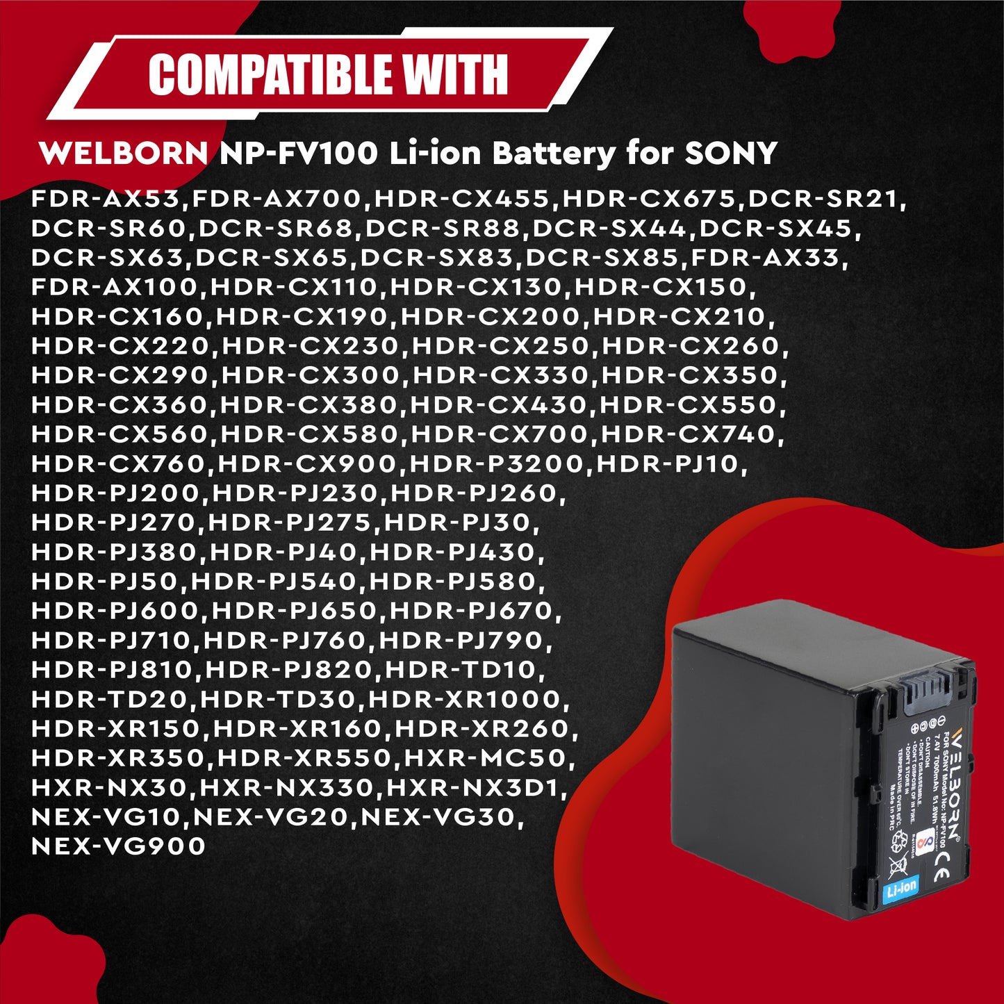 WELBORN Camera Battery for Sony FV100 (7000 mAh) Rechargeable Battery Compatible with Sony DCR-SR15,SR21, DCR-SR68, DCR-SR88,SX15, SX21, SX44, SX45, SX63, SX65, SX83, SX85, FDR-AX33, AX53.
