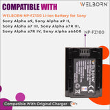 WELBORN NP-FZ100 Platinum Rechargable Battery Pack compatiable with Sony Alpha A1,A9 Mark ii,A9,A7s Mark III,A7 Mark IV A, A7R Mark IV, A7R Mark III A,A7R Mark III,A7c, A7 Mark III, A6600