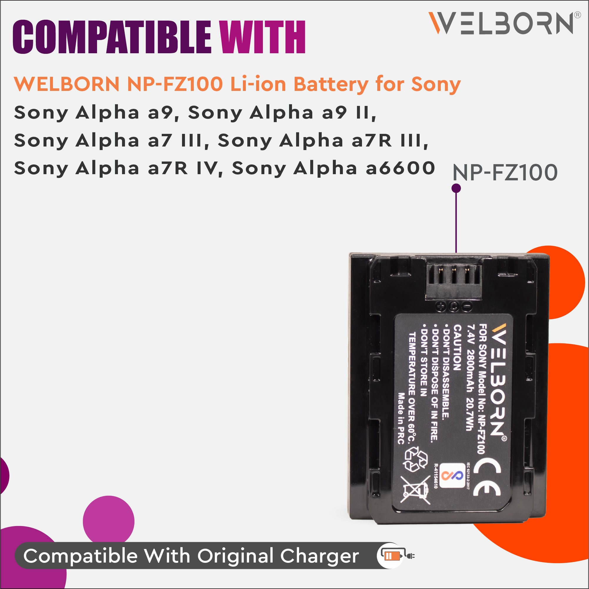 WELBORN NP-FZ100 Platinum Rechargable Battery Pack compatiable with Sony Alpha A1,A9 Mark ii,A9,A7s Mark III,A7 Mark IV A, A7R Mark IV, A7R Mark III A,A7R Mark III,A7c, A7 Mark III, A6600