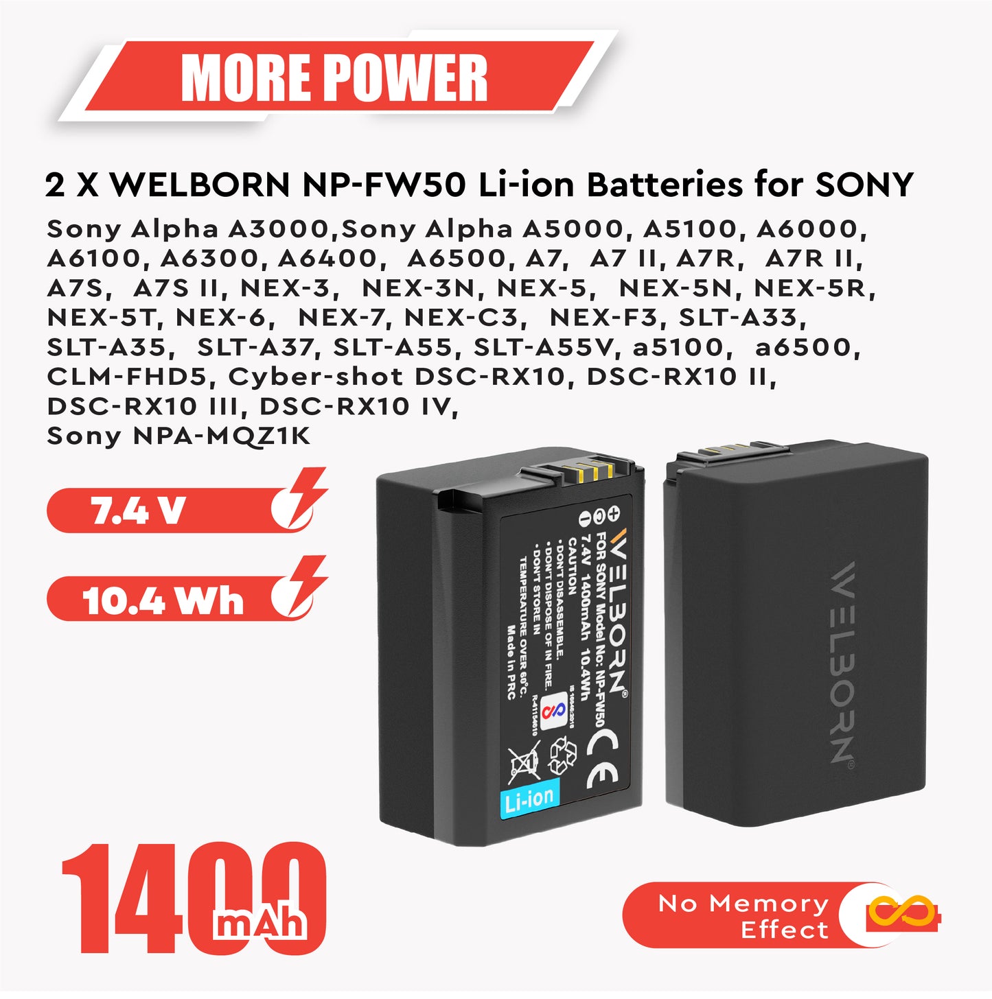 WELBORN NP-FW50 Dual Battery and Charger Combo Pack for Sony NP-FW50 Battery for A7/A7II/A7R A5100 NEX6 A6000 Cameras