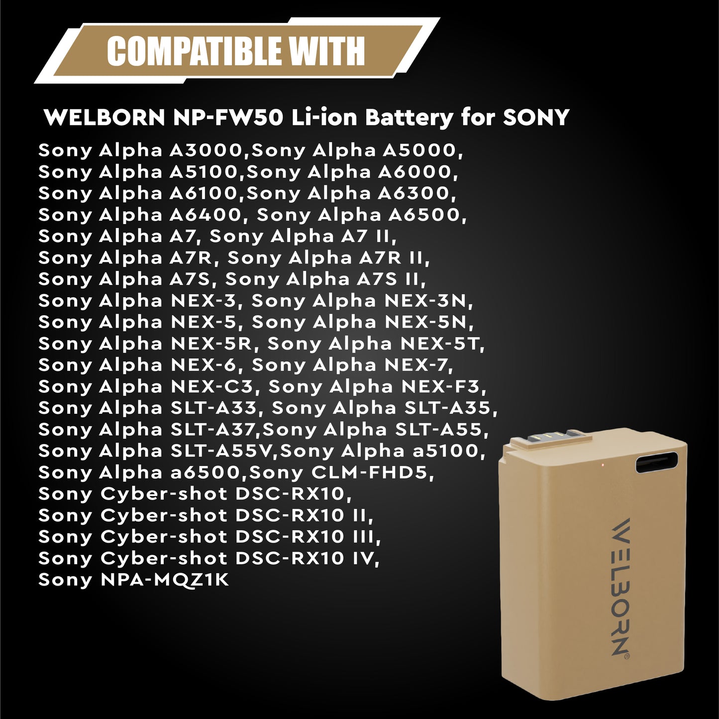 Welborn NP-FW50 (1800 mAh) Platinum Lithium-ion Battery with C Type USB Charging Port Compatible with Sony Alpha A3000 A5000 A5100 A6000 A6300 A6500 A7 to A55 RX10 RX10II RX10 IV NEX-3/5/7 Series