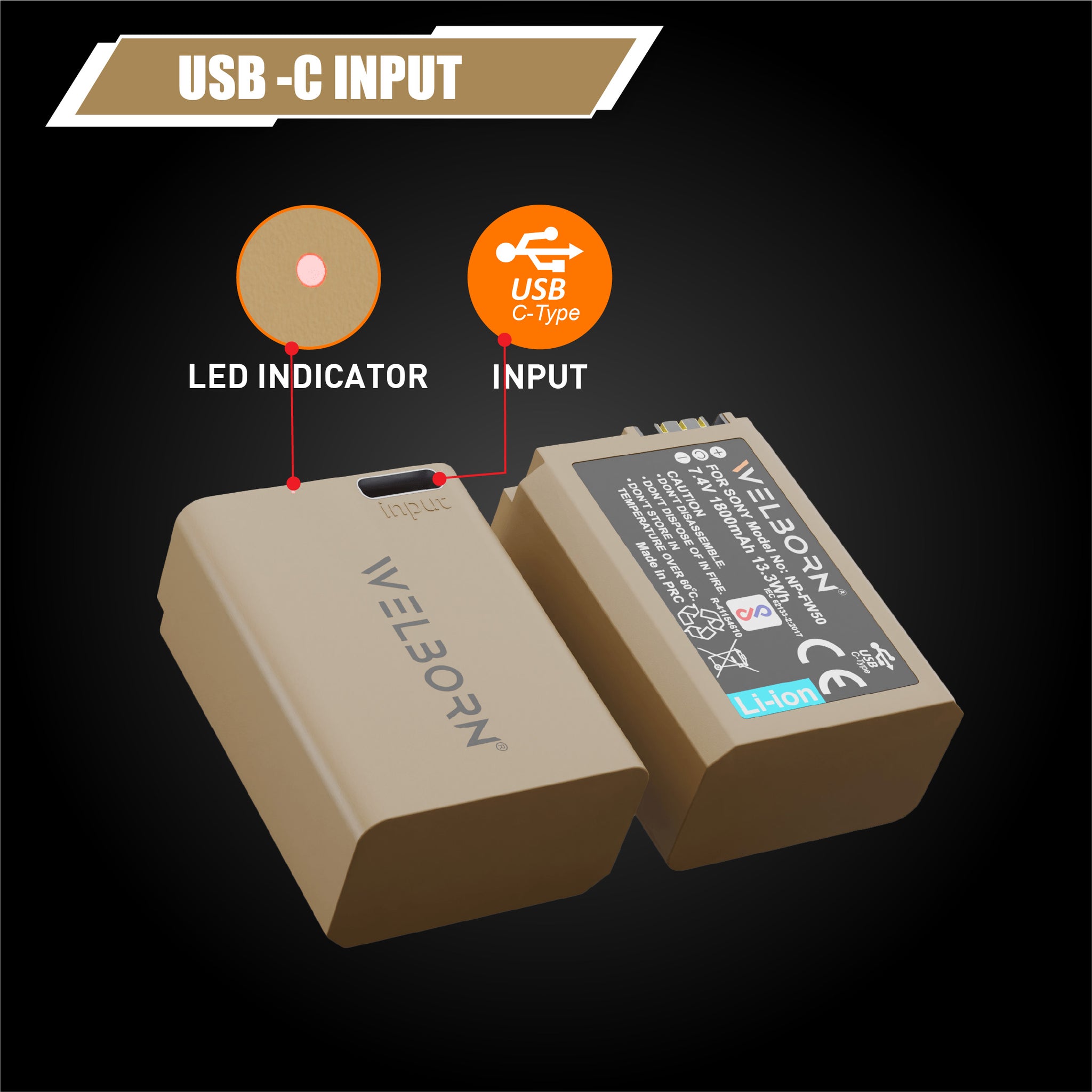 Welborn NP-FW50 (1800 mAh) Platinum Lithium-ion Battery with C Type USB Charging Port Compatible with Sony Alpha A3000 A5000 A5100 A6000 A6300 A6500 A7 to A55 RX10 RX10II RX10 IV NEX-3/5/7 Series