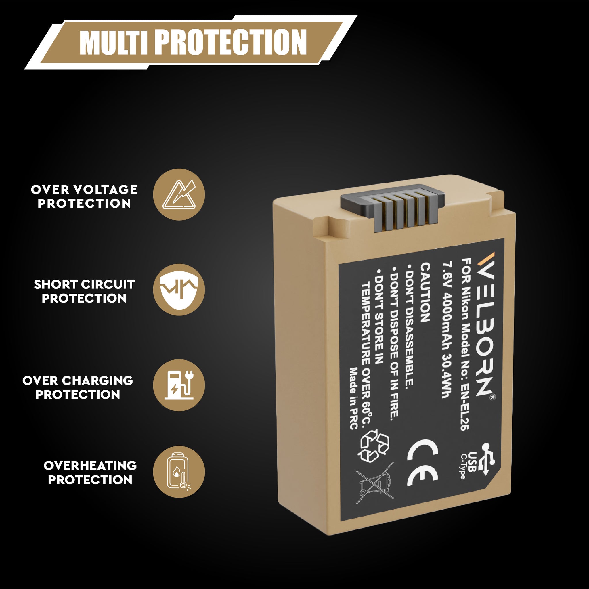 Welborn EN-EL25 (4000 mAH) Platinum Lithium-ion Battery with C Type USB Charging Port Compatible with Nikon Z50, Z Series Camera Battery