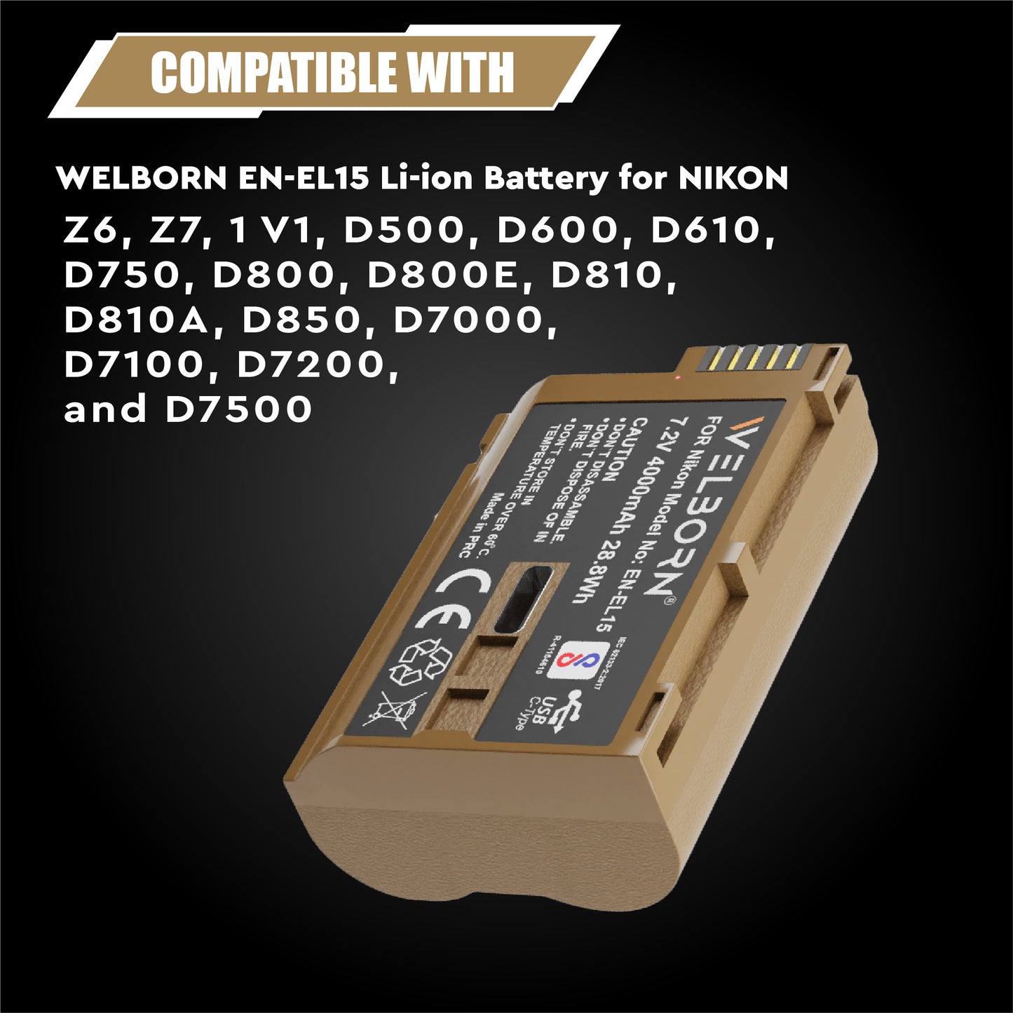 WELBORN EN-EL15 Platinum Battery for Nikon Cameras – High-Capacity Rechargeable Battery with USB Type-C Input