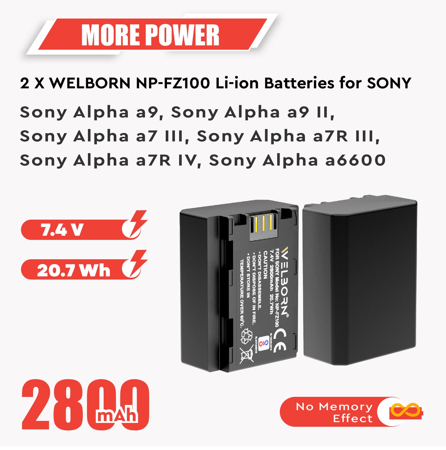 WELBORN NP-FZ100 Dual Battery and Charger Combo Pack for Sony NP-FZ100 Battery - Compatible with Sony Alpha A1 A7 III A7 IV A7C A7C II
