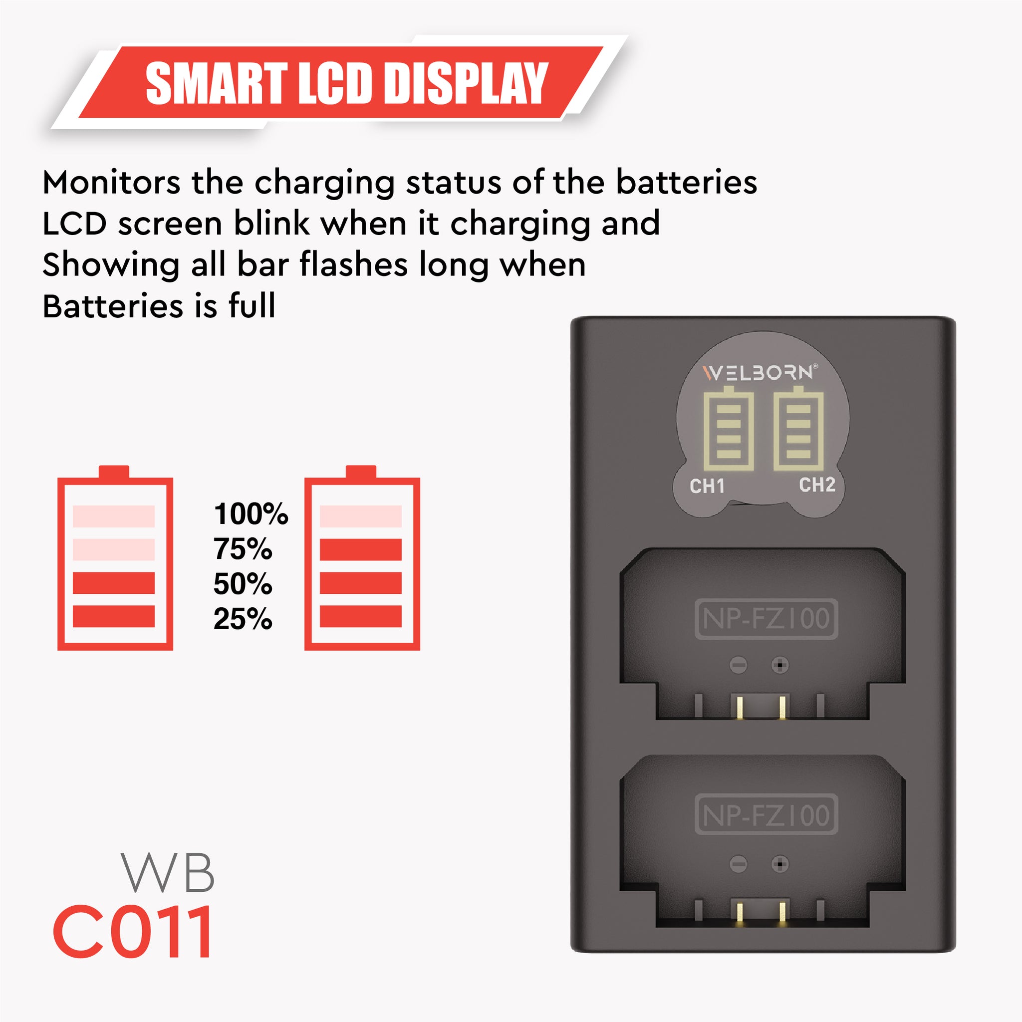 WELBORN NP-FZ100 Dual Battery and Charger Combo Pack for Sony NP-FZ100 Battery - Compatible with Sony Alpha A1 A7 III A7 IV A7C A7C II