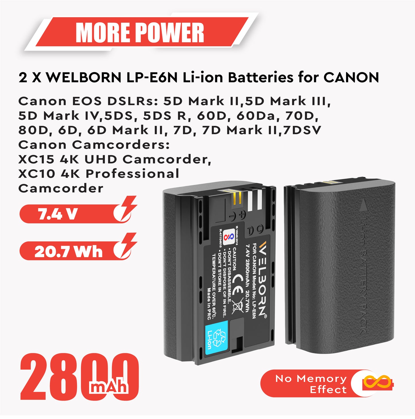 WELBORN LP-E6N Dual Battery and Charger Combo for Canon EOS 5D Mark II III IV 5DS 5DS R 6D 60D 6D Mark II
