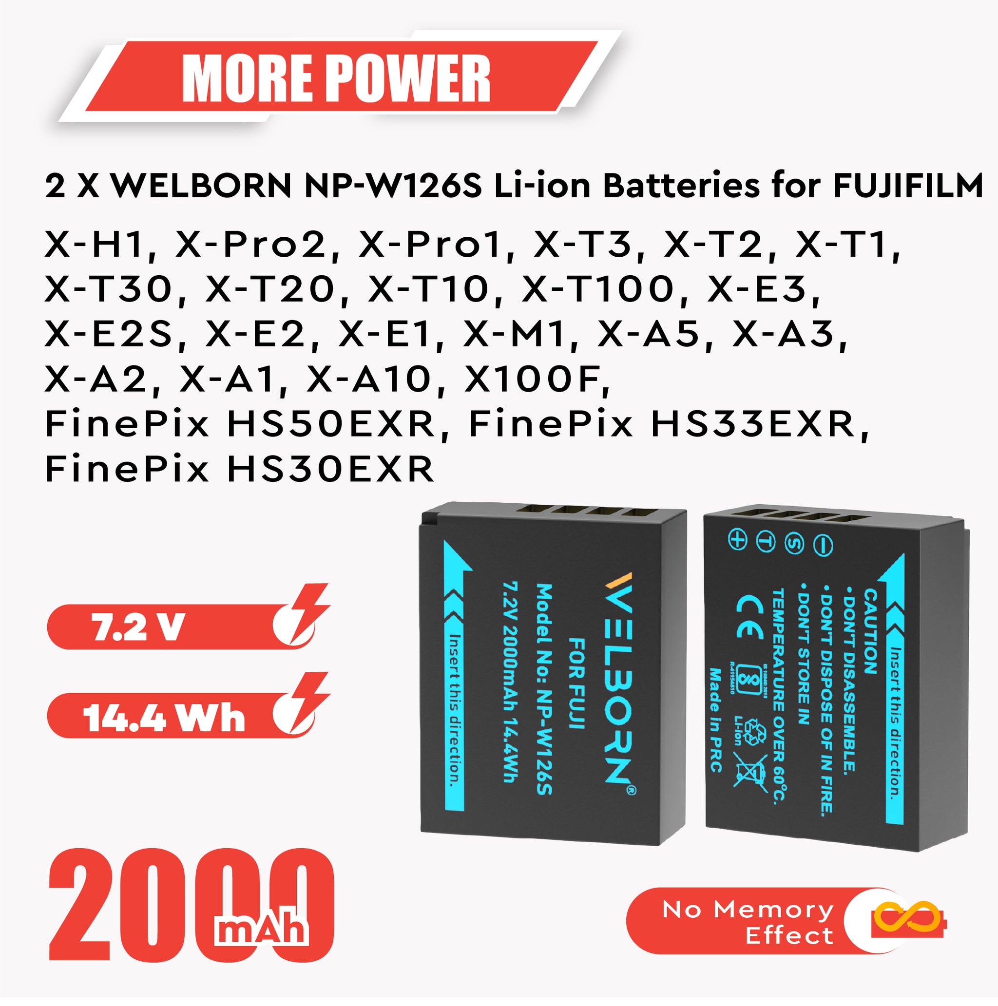 WELBORN NP-W126s Dual Battery and Charger Combo Pack for Fujifilm X-T1, X-T2, X-T3, X-T10, X-T20, X-T30, X-T30 II, X-T100, X-T200, X100F, X100V, X-S10, X-A5, X-A10, X-E4, X-Pro2, X-Pro3