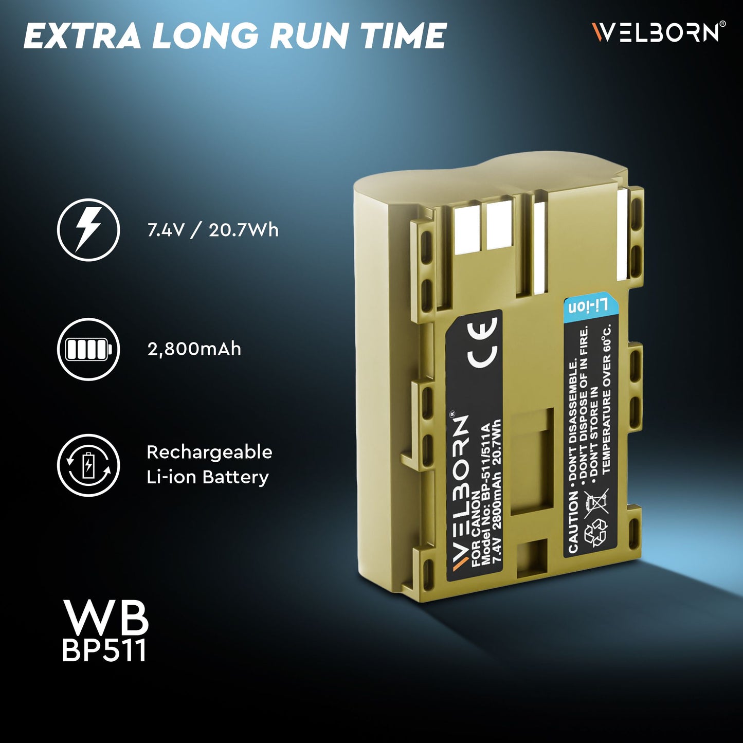 Welborn Camera Battery for Canon BP-511 (2800 mAh) Rechargeable Battery Pack Compatible with Canon EOS 50D; EOS 5D Mark 1; EOS 10; EOS 10D; EOS 20D; EOS 300D; EOS 30D; EOS 40D; EOS 50D