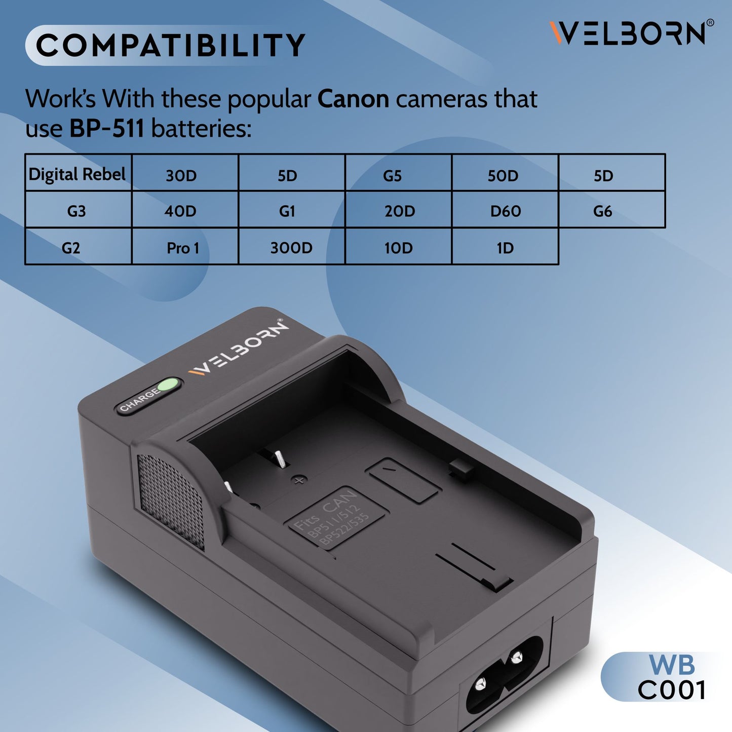 Welborn Camera Battery Charger for Canon BP-511 Battery Compatible with Canon EOS 10D, 20D, 30D, 40D, 50D, 5D Digital Cameras
