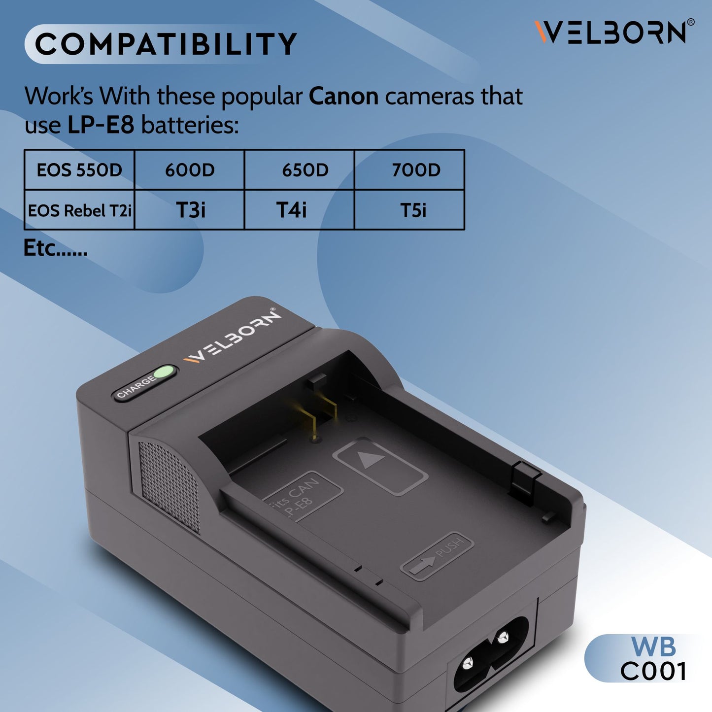 Welborn Camera Battery Charger for Canon LP-E8 Battery Compatible with Canon EOS Rebel T2i - EOS Rebel T5i, EOS 550D - 700D Rebel T2i - T5i SLR, EOS Kiss X4, EOS Kiss X5.