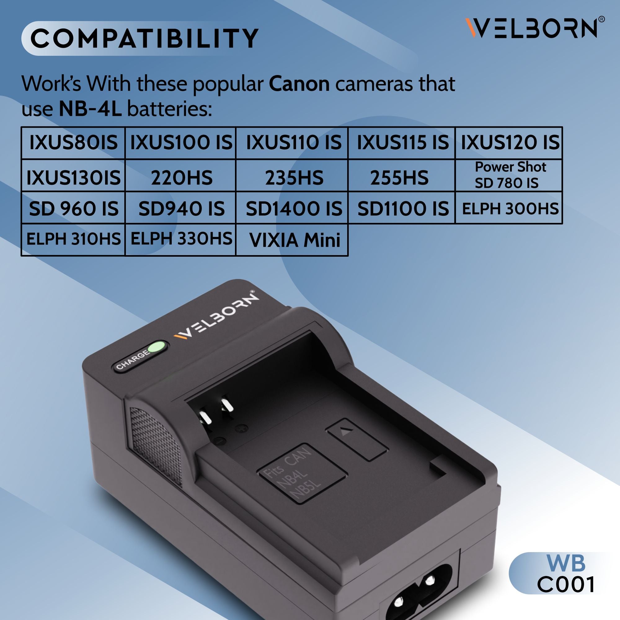 Welborn Camera Battery Charger for Canon NB-4L Battery Compatible with Canon IXUS 30-IXUS 255 HS, IXUS i7, Powershot SD30 - SD1400 is Wireless, PC1101 - PC1150, ELPH 100 HS - ELPH 330 HS etc.