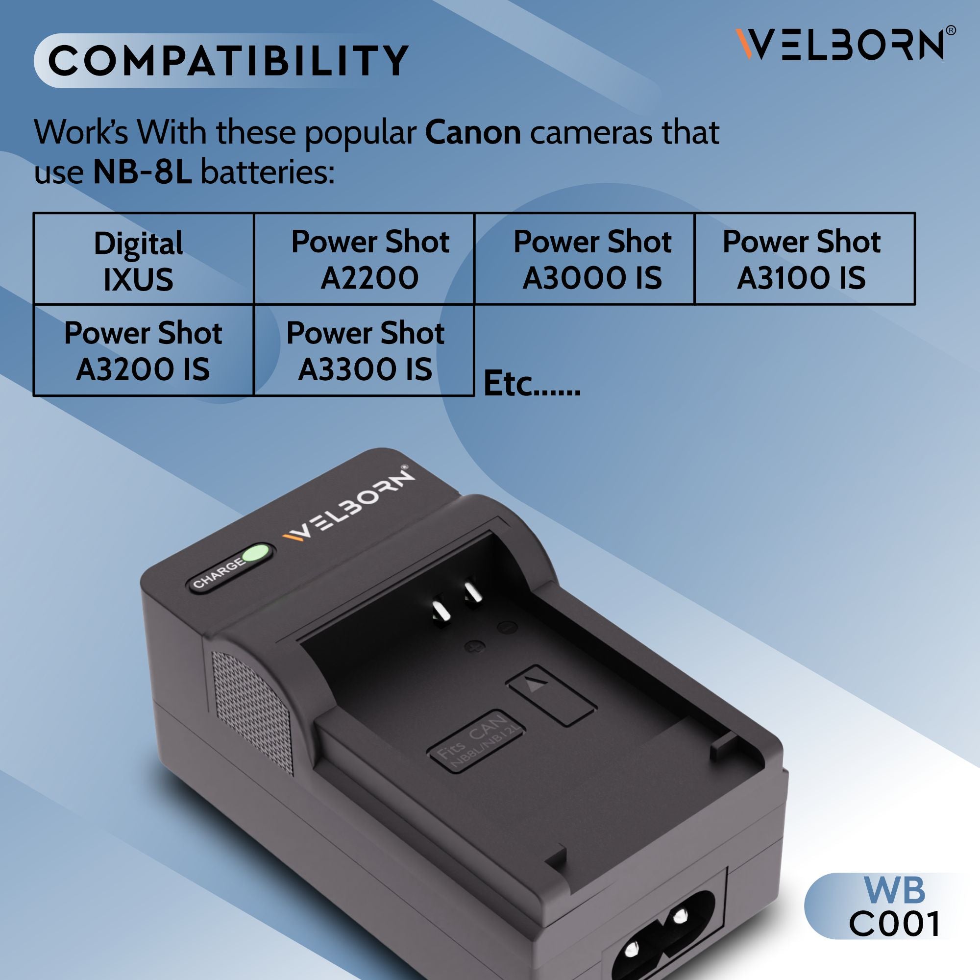 Welborn Camera Battery Charger for Canon Camera Battery NB-8L Compatible with Canon PowerShot A2200, A3000, A3100, A3200, A3300 Cameras