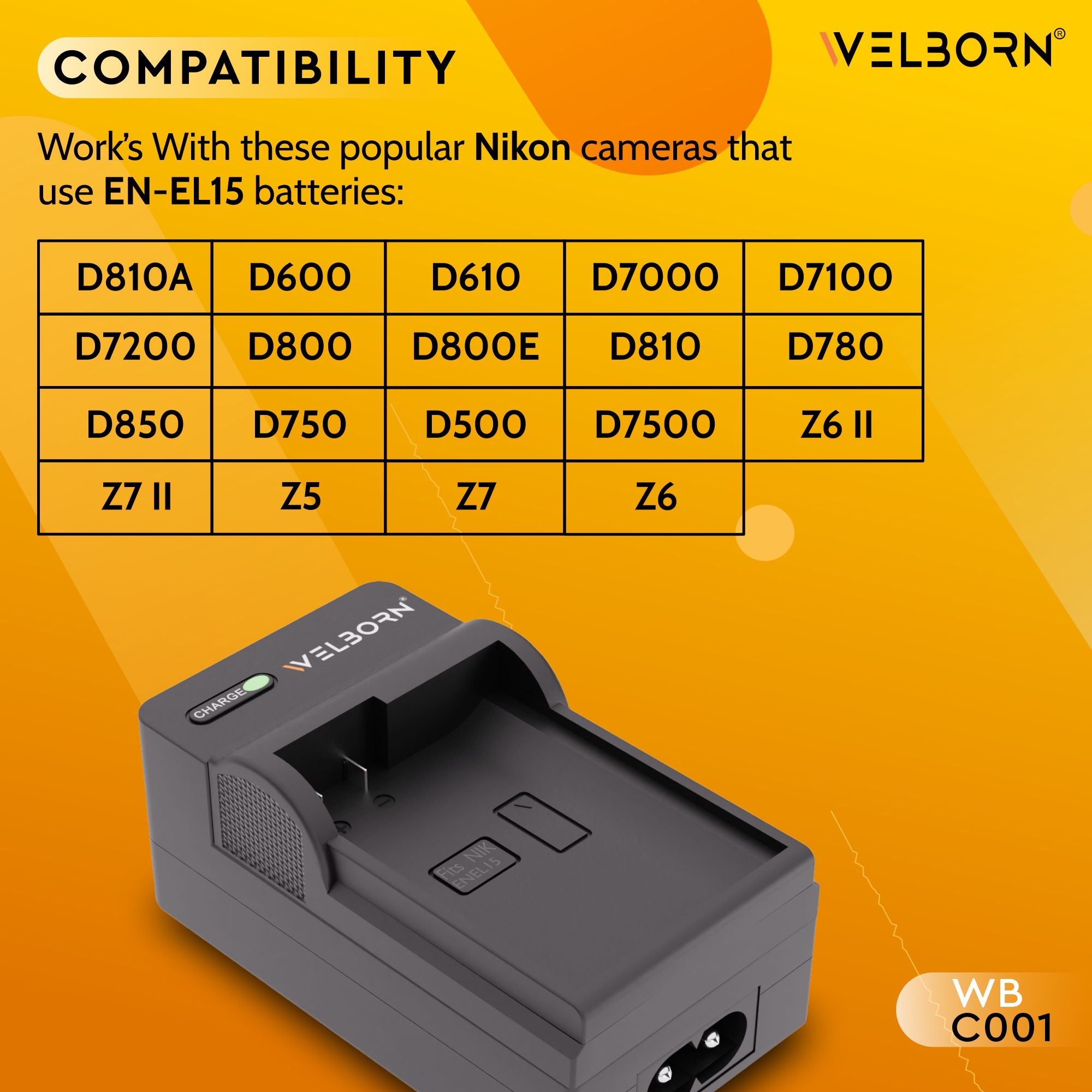 Welborn EN-EL15 Camera Battery Charger for Z7 Z7 Z6 Z6 Z5 D850 D810 D810E D810A D780 D750 D7500 D7200 D7100 D610 D600 D500 More