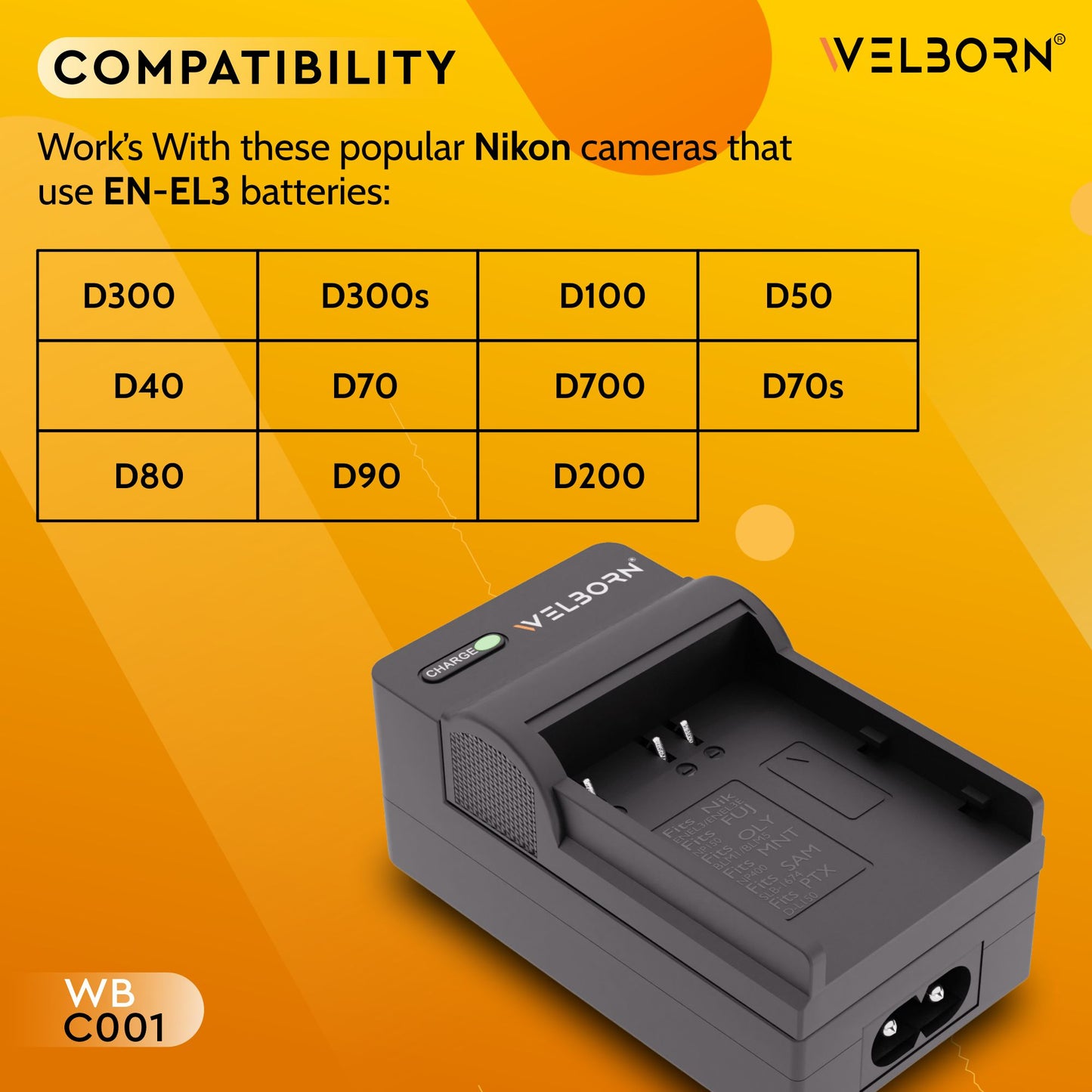Welborn Camera Battery Charger for Nikon EN-EL3 Battery Compatible with Nikon D50, D70, D80, D90, D100, D200, D300 Cameras