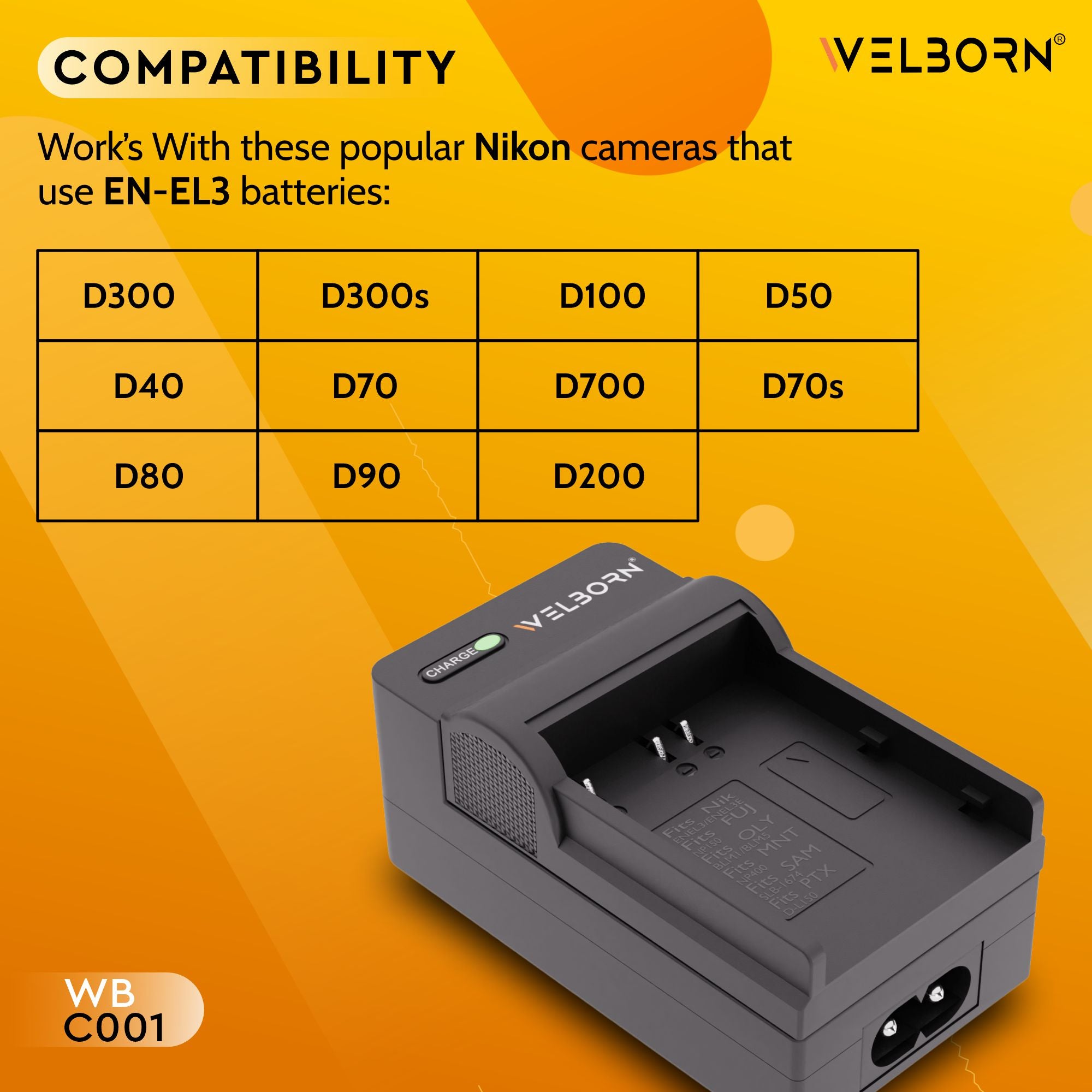 Welborn Camera Battery Charger for Nikon EN-EL3 Battery Compatible with Nikon D50, D70, D80, D90, D100, D200, D300 Cameras