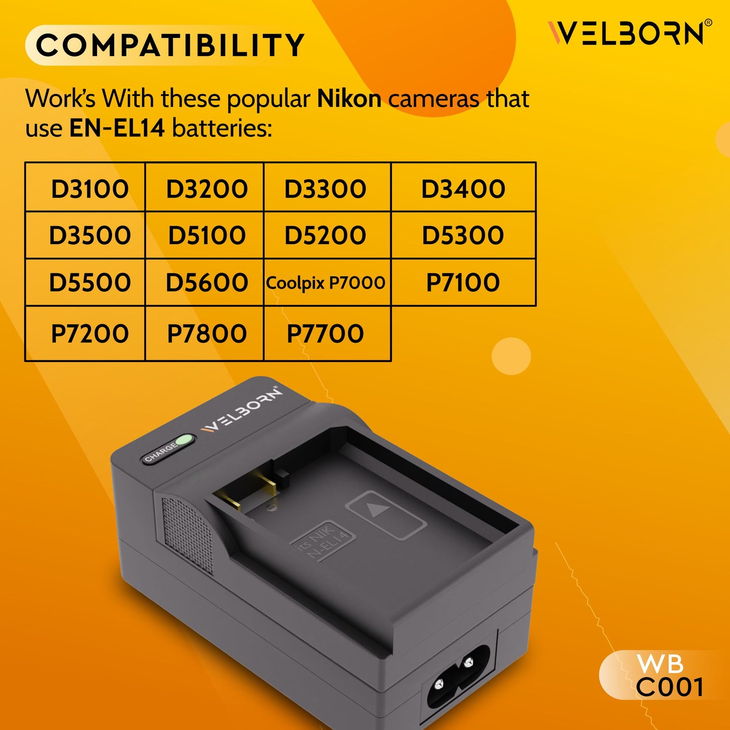 WELBORN Charger for ENEL14 Battery Pack Compatible with Nikon Digital Cameras D3100 D3200 D3300 D3400 D3500 D5100 D5200 D5300 D5500 D5600 | Coolpix P7000 P7100 P7200 P7700 P7800 Df
