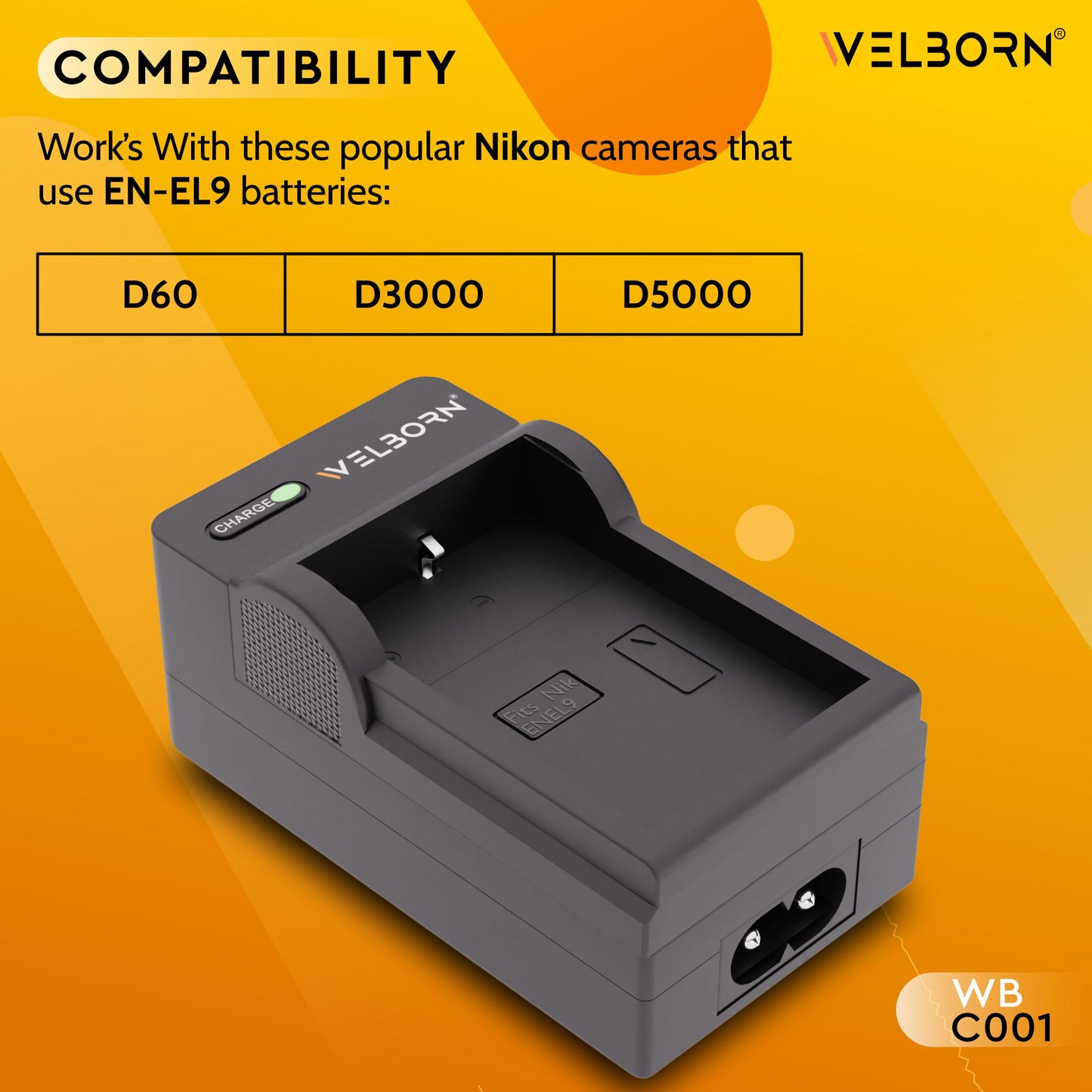 Welborn Camera Battery Charger for Nikon EN-EL9 Battery Compatible with Nikon D40, D40X, D60, D3000, D5000 Cameras