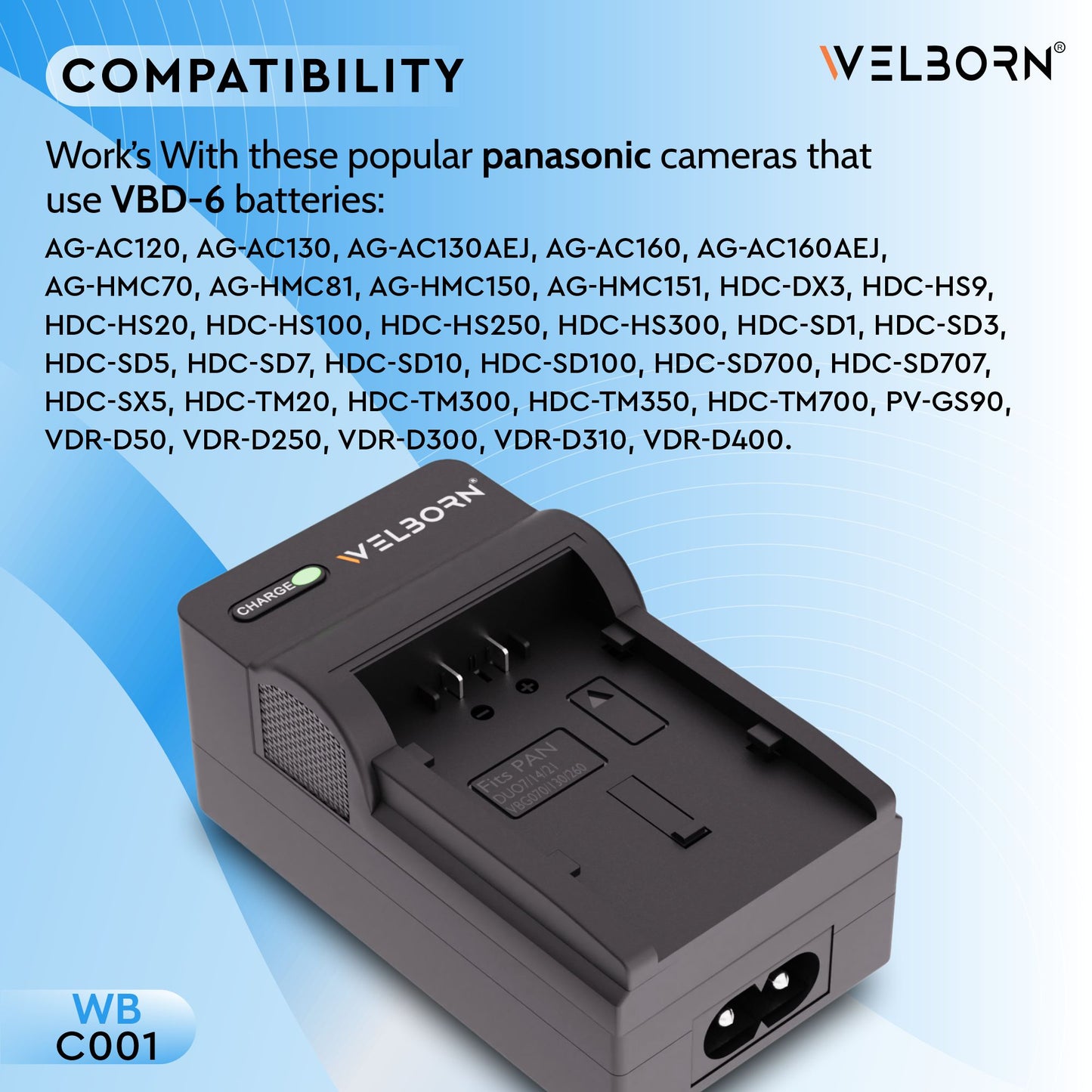 Welborn Camera Battery Charger for Panasonic VBG6 Battery Compatible with HDCHS300,TM300,HS250,SD100,HS20 AGHMC40,HMC150 HDC-SD600,SD700 SDRH40-SDRH90,SD20,SD9,HS9,SX5,AG-AC7,AC160A,AG-HMC40-AG-HMC153