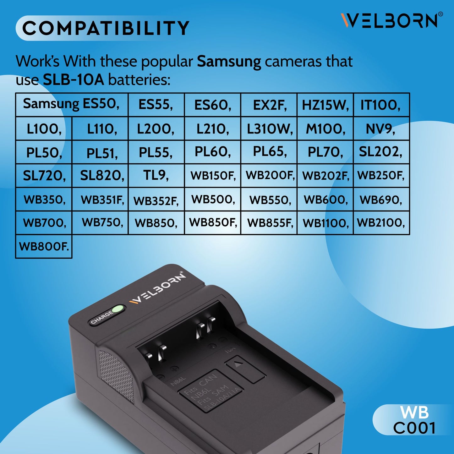 Welborn Camera Battery Charger for Samsung Camera Battery SLB-10A Compatible with Samsung Digital Cameras