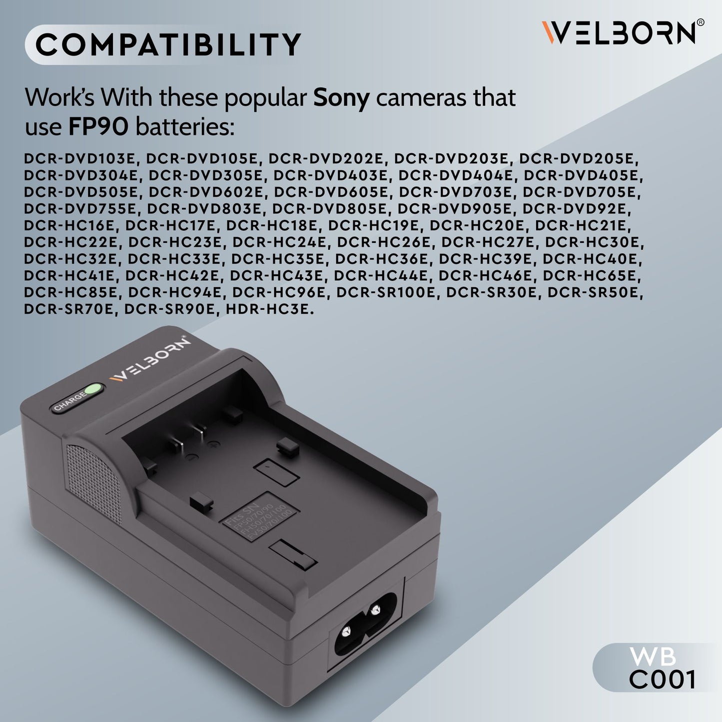 Welborn Camera Battery Charger for Sony NP-FP90/91 Battery Compatible with Sony DCR-DVD103E-DVD905E, DVD92E, DCR-HC16E-HC96E, DCR-SR100E, DCR-SR30E-SR90E, HDR-HC3E,DCR-HC28, DCR-SR42-SR300