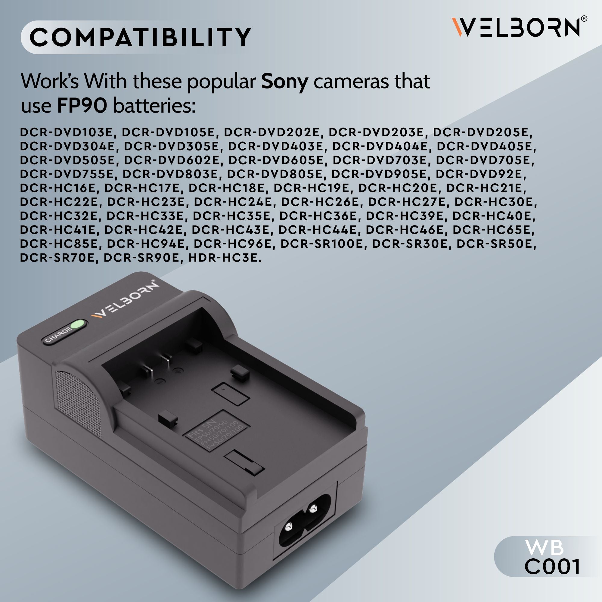 Welborn Camera Battery Charger for Sony NP-FP90/91 Battery Compatible with Sony DCR-DVD103E-DVD905E, DVD92E, DCR-HC16E-HC96E, DCR-SR100E, DCR-SR30E-SR90E, HDR-HC3E,DCR-HC28, DCR-SR42-SR300