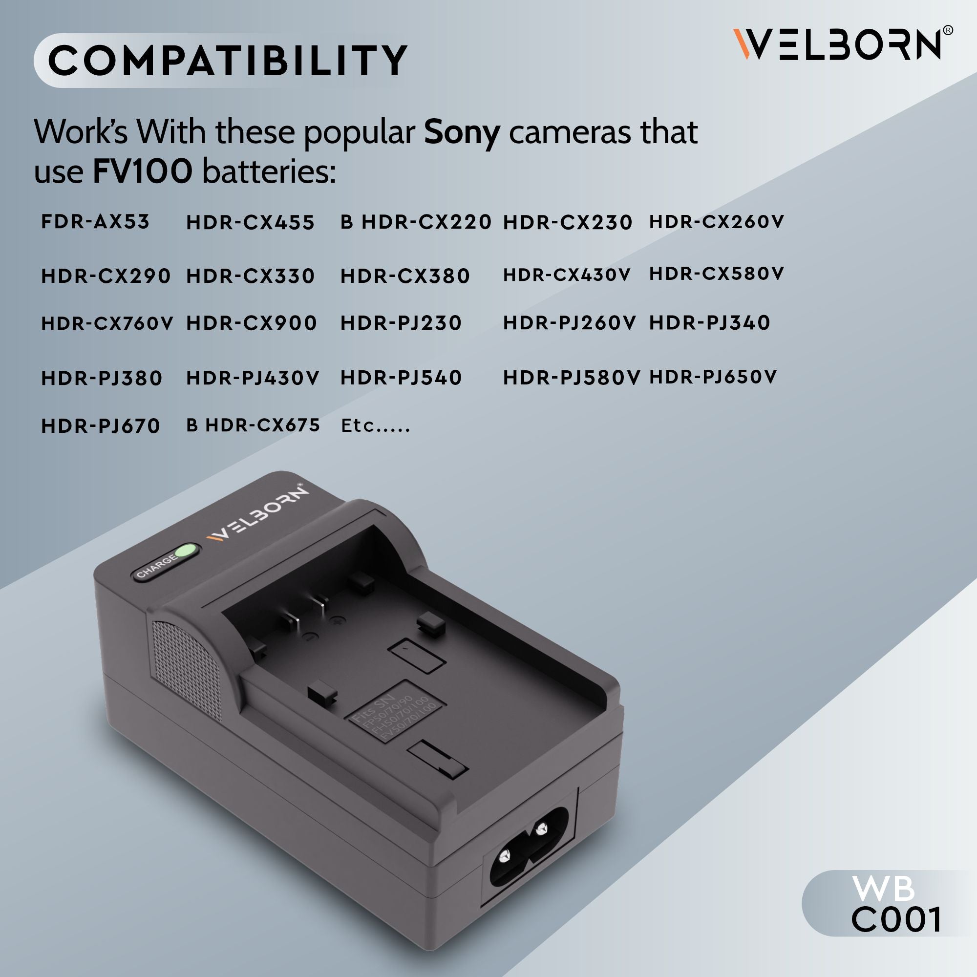 WELBORN CAMERA BATTERY CHARGER for Sony NP-FV100 Battery Comaptiable With Sony DCR-SR15,SR21 DCR-SR68 DCR-SR88 DCR-SX15 DCR-SX21 DCR-SX44 DCR-SX45 DCR-SX63 DCR-SX65 DCR-SX83 DCR-SX85 FDR-AX33 FDR-AX53