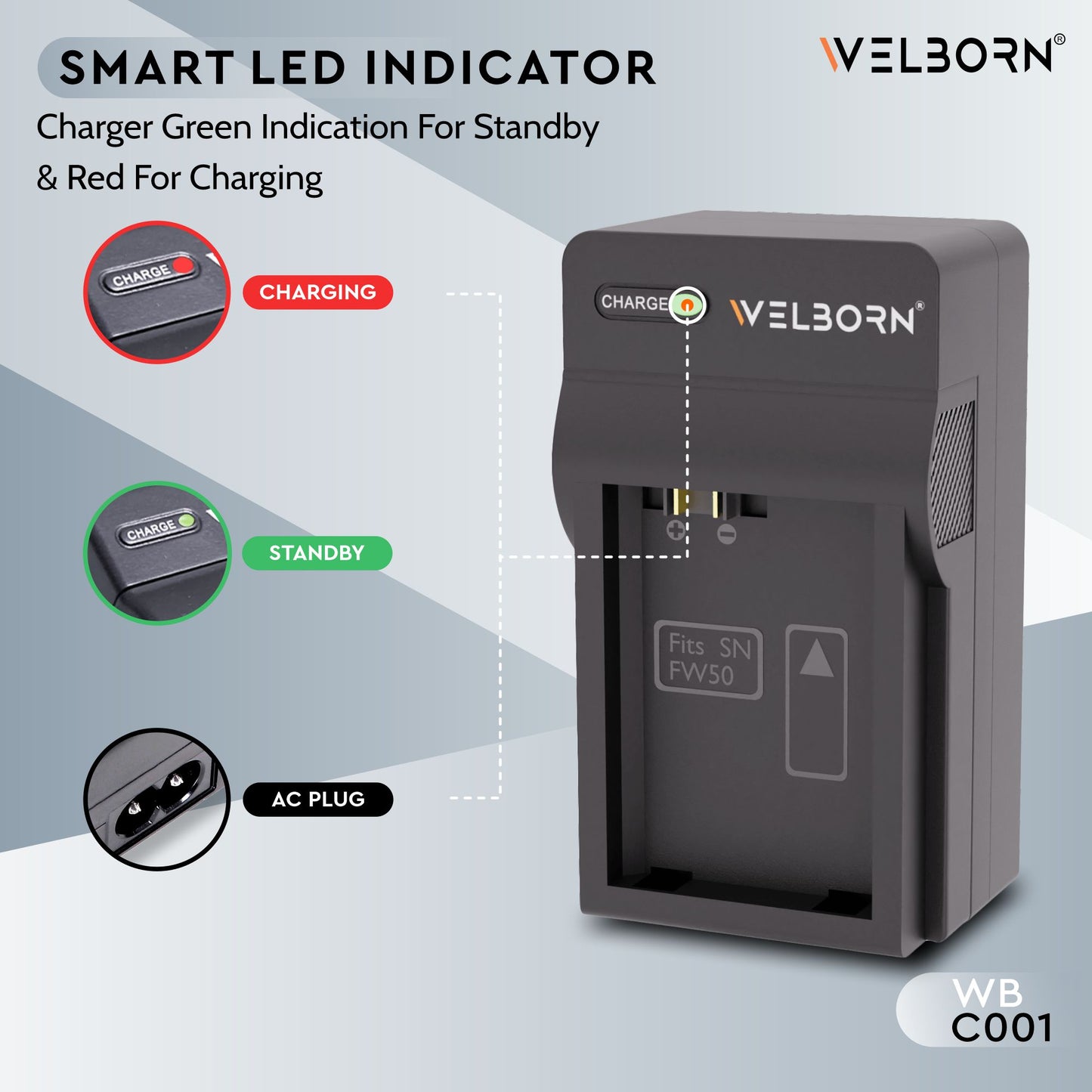 WELBORN Camera Battery Charger for Sony NP-FW50 Battery Comaptiable with A7/A7II/A7R A5100 NEX6 A6000 Cameras