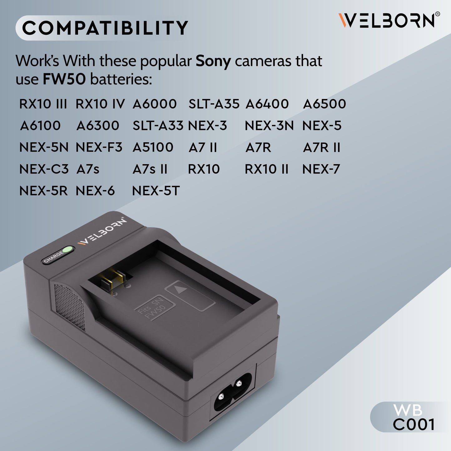 WELBORN Camera Battery Charger for Sony NP-FW50 Battery Comaptiable with A7/A7II/A7R A5100 NEX6 A6000 Cameras