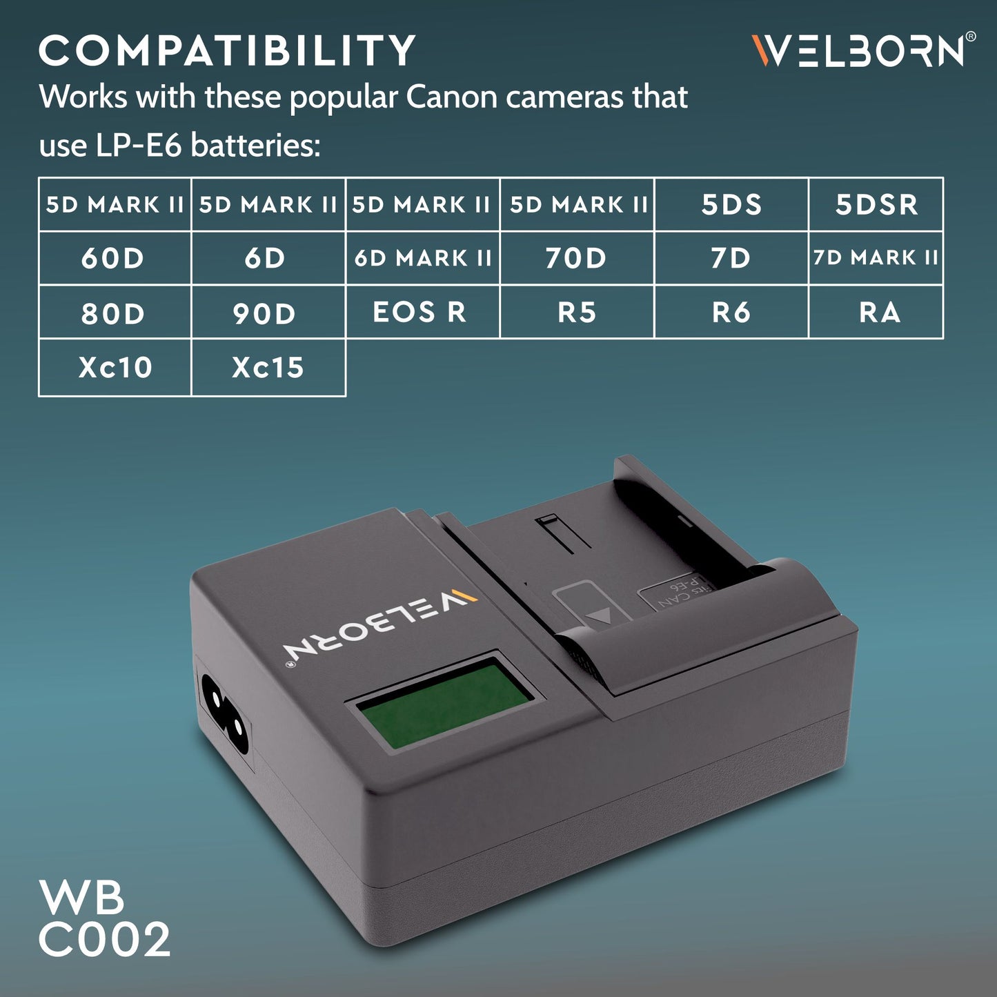 WELBORN LCD Camera Battery Charger for Canon Camera Battery LP-E6/LP-E6N Compatiable with Canon EOS 7D Mark II EOS 6D OS 5D Mark IV Canon Log EOS 5D to 90D Mark III 5D Mark IV EOS R to R7 Mark II