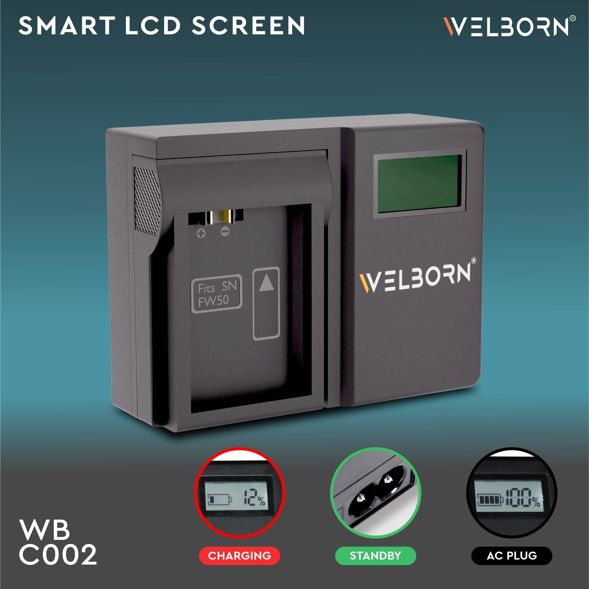WELBORN LCD Camera Battery Charger for Sony Camera Battery NP-FW50 Compatiable With Sony Alpha A5000 to A6500 ZV-E10 A7RII to A7SII ZV-E10 A6300 A2572+ DSC-RX10 to RX10IV NEX-C3 to NEX7 SLT-A33 to A37