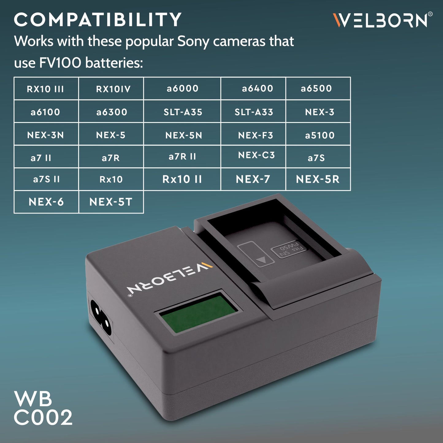 WELBORN LCD Camera Battery Charger for Sony Camera Battery NP-FW50 Compatiable With Sony Alpha A5000 to A6500 ZV-E10 A7RII to A7SII ZV-E10 A6300 A2572+ DSC-RX10 to RX10IV NEX-C3 to NEX7 SLT-A33 to A37