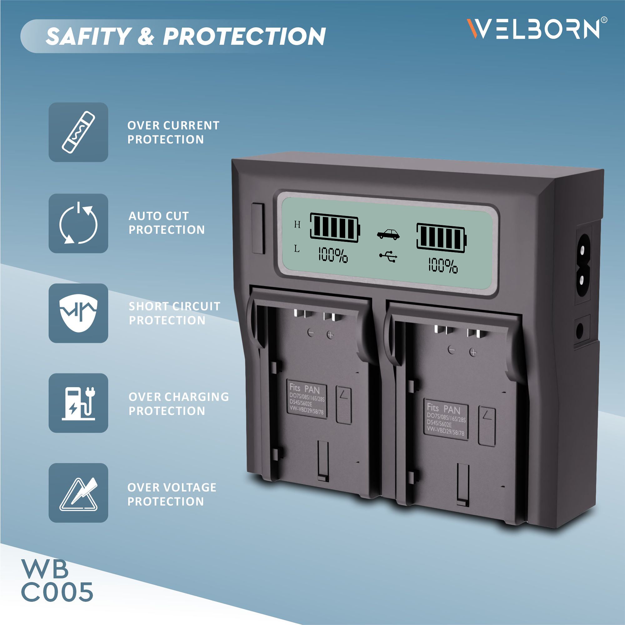 WELBORN Dual LCD Battery Charger for Panasonic CGA-D54S Batteries – Dual Slot Smart Charger with LCD Display, Fast & Safe Charging for Video Camera Batteries