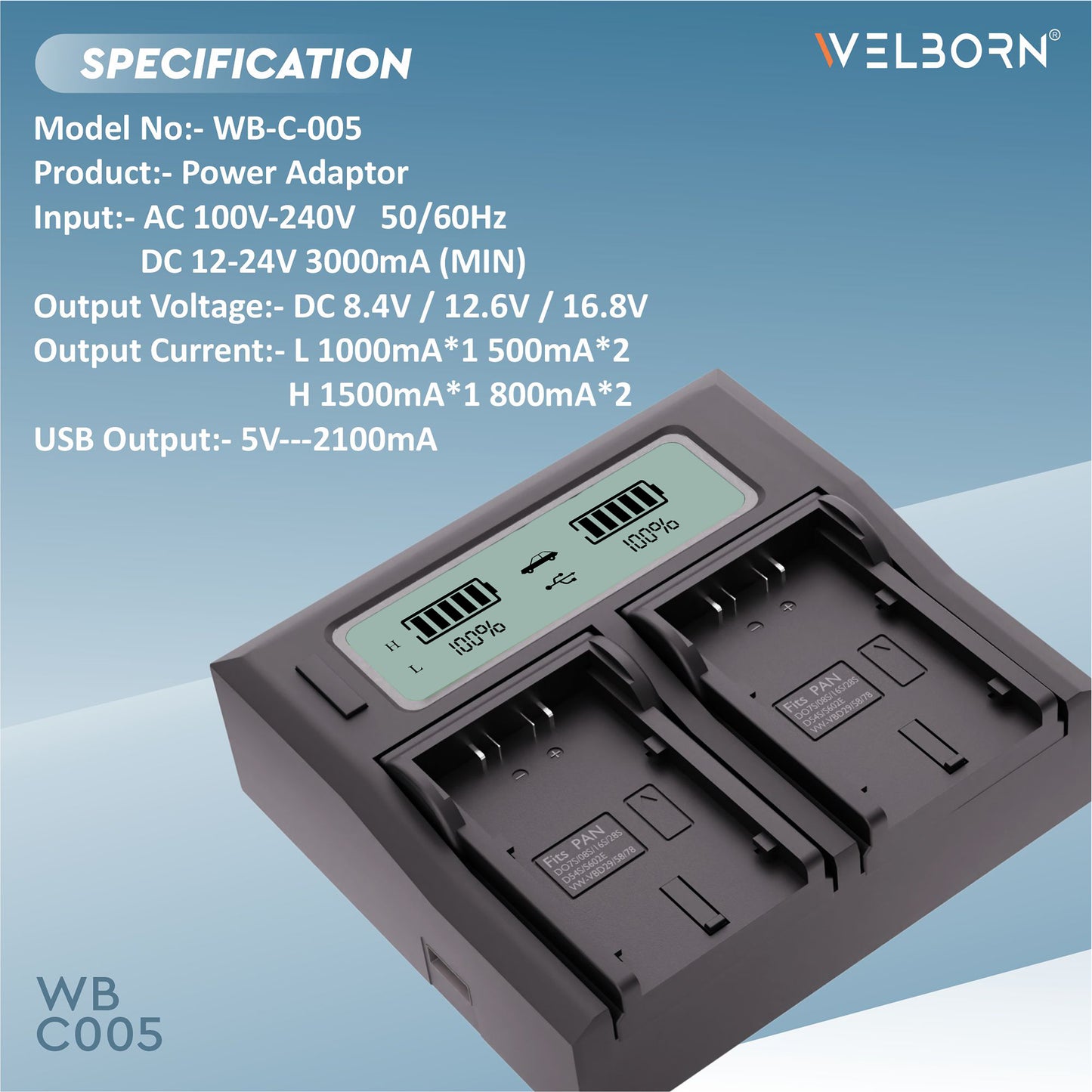 WELBORN Dual LCD Battery Charger for Panasonic CGA-D54S Batteries – Dual Slot Smart Charger with LCD Display, Fast & Safe Charging for Video Camera Batteries