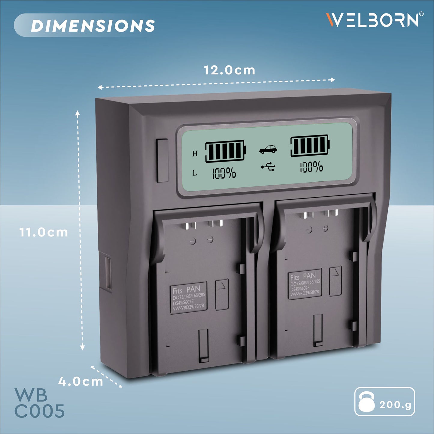 WELBORN Dual LCD Battery Charger for Panasonic CGA-D54S Batteries – Dual Slot Smart Charger with LCD Display, Fast & Safe Charging for Video Camera Batteries
