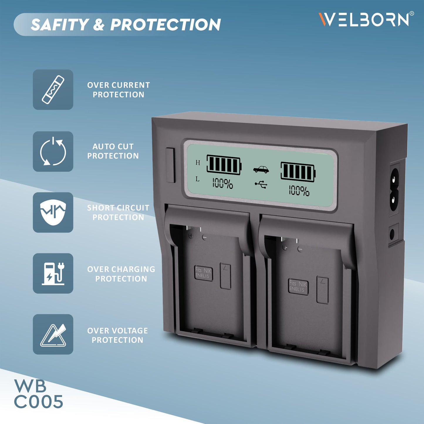 Welborn Dual LCD Camera Battery Charger for Nikon EN-EL15 Battery Compatible with Nikon D500, D600, D610, D750, D780, D800 to D810, D810A, D850, D7000 to D7500, 1 V1, Z5 to Z7 II