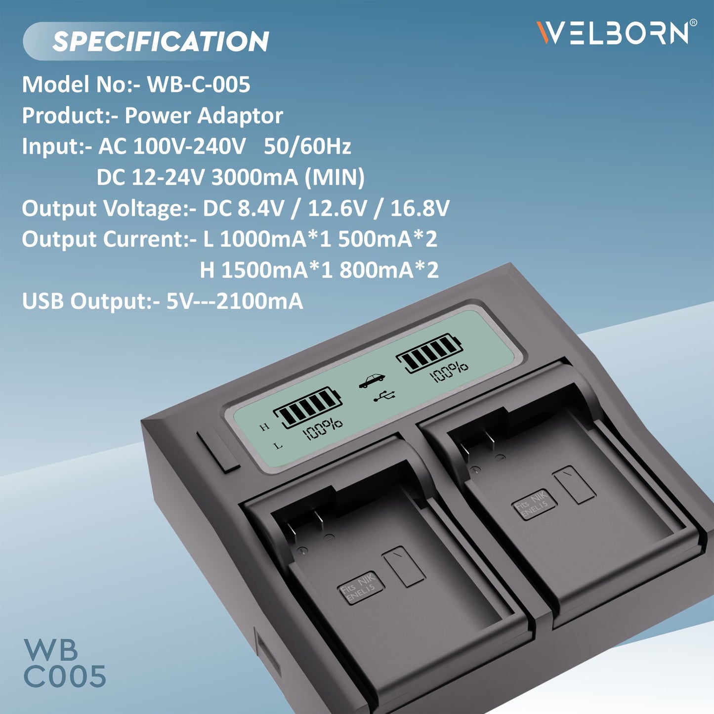 Welborn Dual LCD Camera Battery Charger for Nikon EN-EL15 Battery Compatible with Nikon D500, D600, D610, D750, D780, D800 to D810, D810A, D850, D7000 to D7500, 1 V1, Z5 to Z7 II