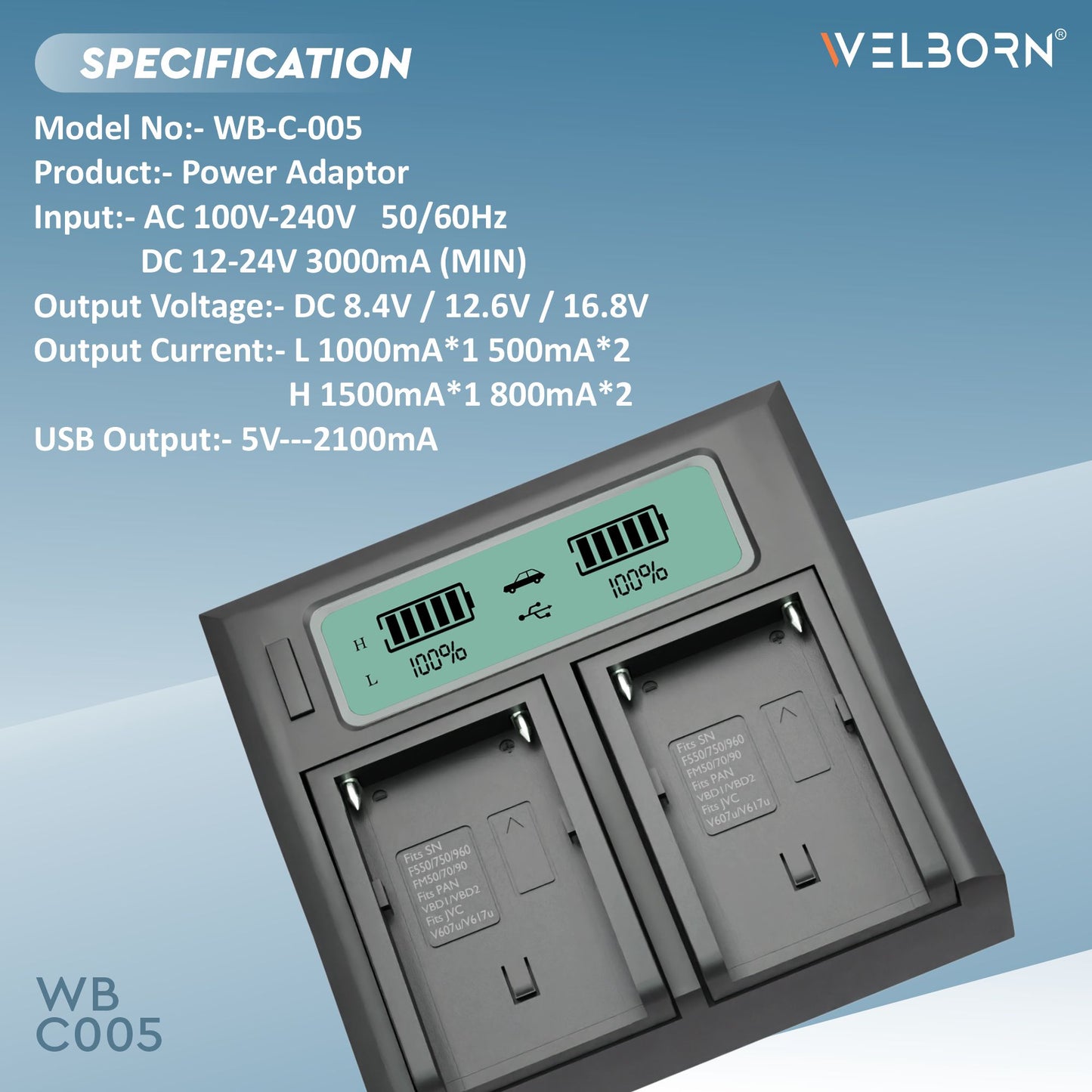 Welborn Dual LCD Charger for NP-F980 Batteries Compatible with Sony PD150, 150P, 170, 170P, TR1, 200-940, V119 -V25, TRV3000 -TRV5718, 9E - 67E