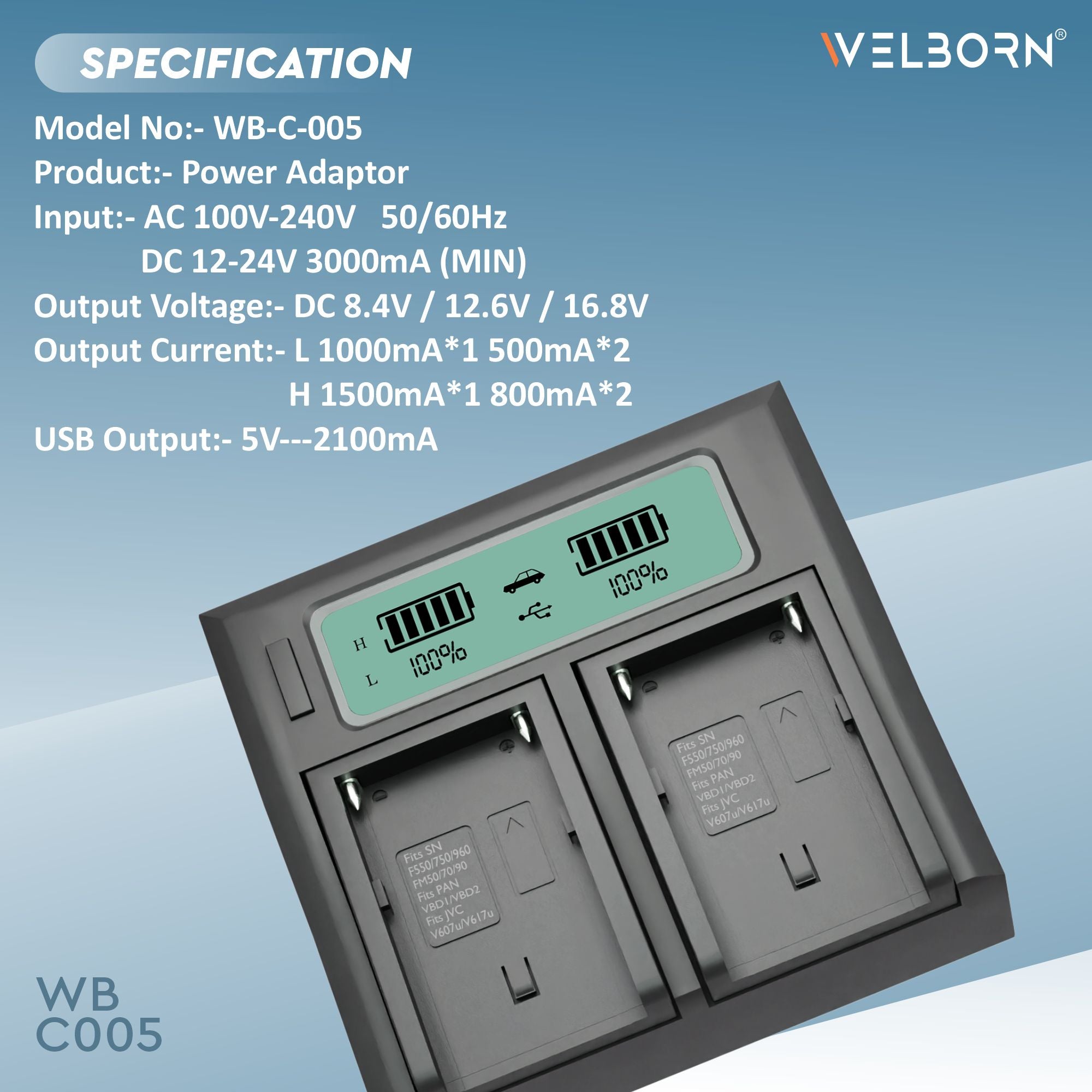 Welborn Dual LCD Charger for NP-F980 Batteries Compatible with Sony PD150, 150P, 170, 170P, TR1, 200-940, V119 -V25, TRV3000 -TRV5718, 9E - 67E