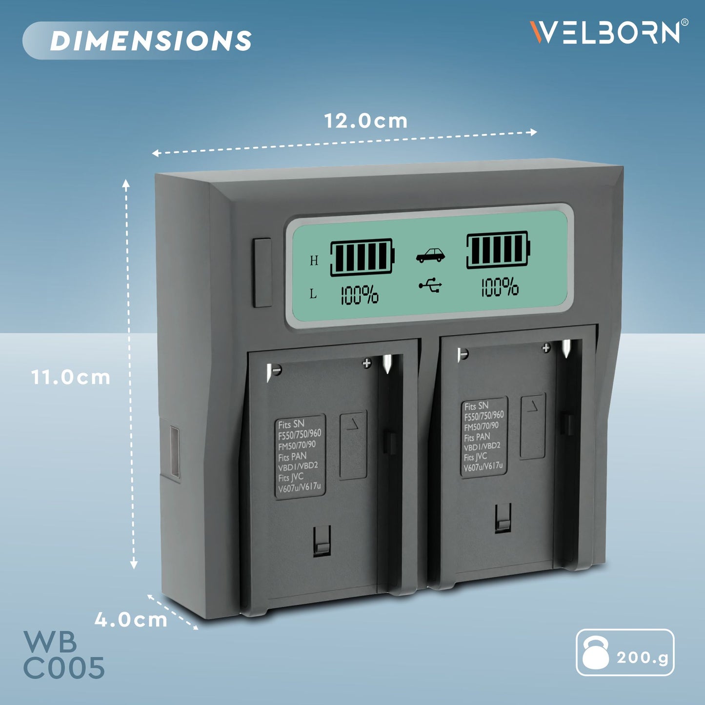 Welborn Dual LCD Charger for NP-F980 Batteries Compatible with Sony PD150, 150P, 170, 170P, TR1, 200-940, V119 -V25, TRV3000 -TRV5718, 9E - 67E
