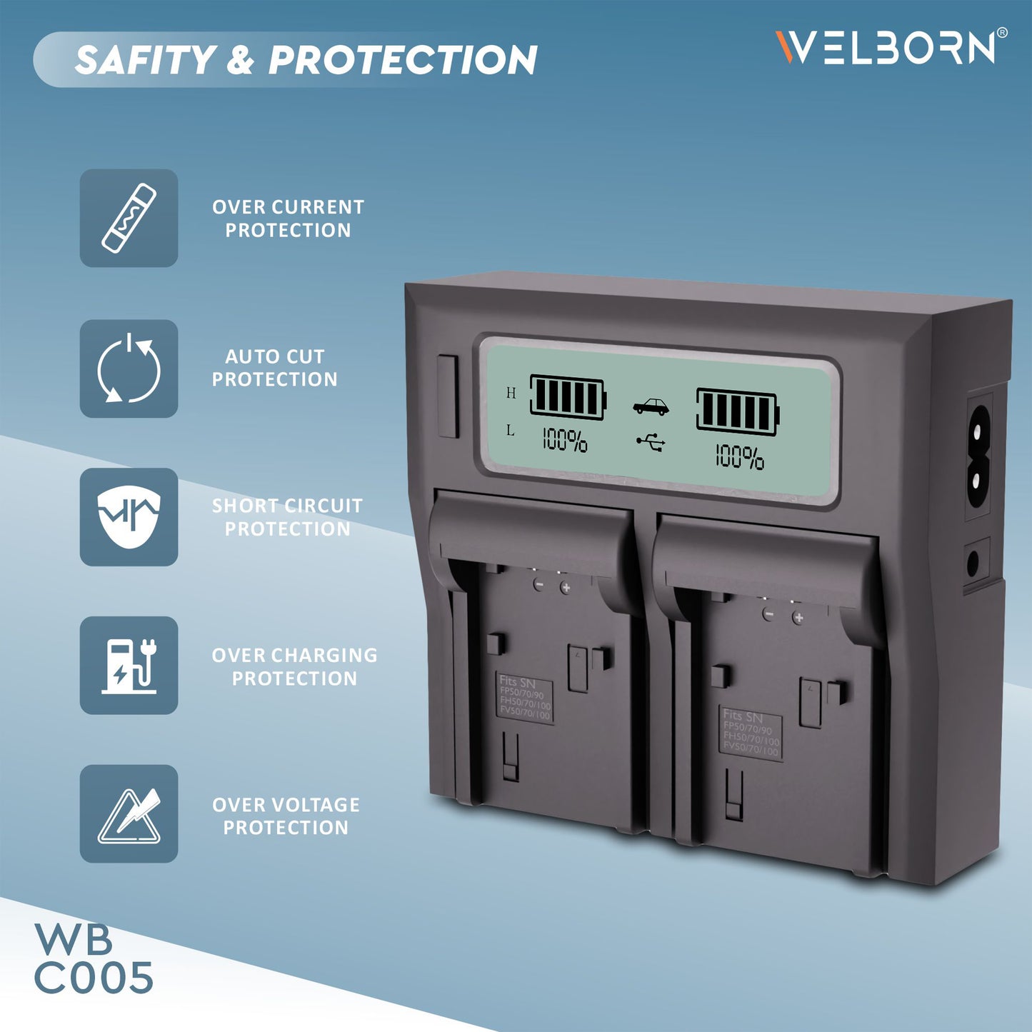 Welborn Dual LCD Camera Battery Charger for Sony NP-FV100 Battery Comaptiable with Sony DCR-SR15 to SR21 DCR-SR68 DCR-SR88 DCR-SX15 to DCR-SX85 FDR-AX33 FDR-AX53