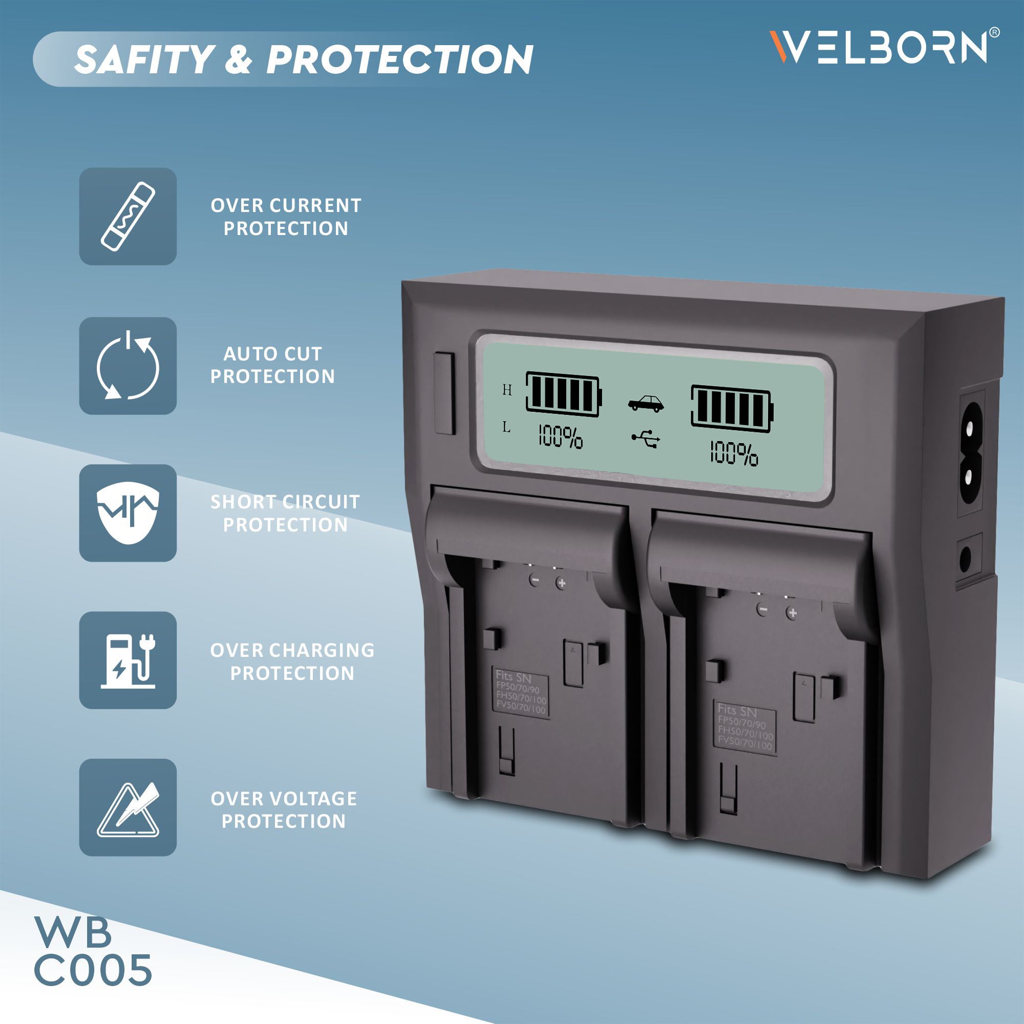 Welborn Dual LCD Camera Battery Charger for Sony NP-FV100 Battery Comaptiable with Sony DCR-SR15 to SR21 DCR-SR68 DCR-SR88 DCR-SX15 to DCR-SX85 FDR-AX33 FDR-AX53