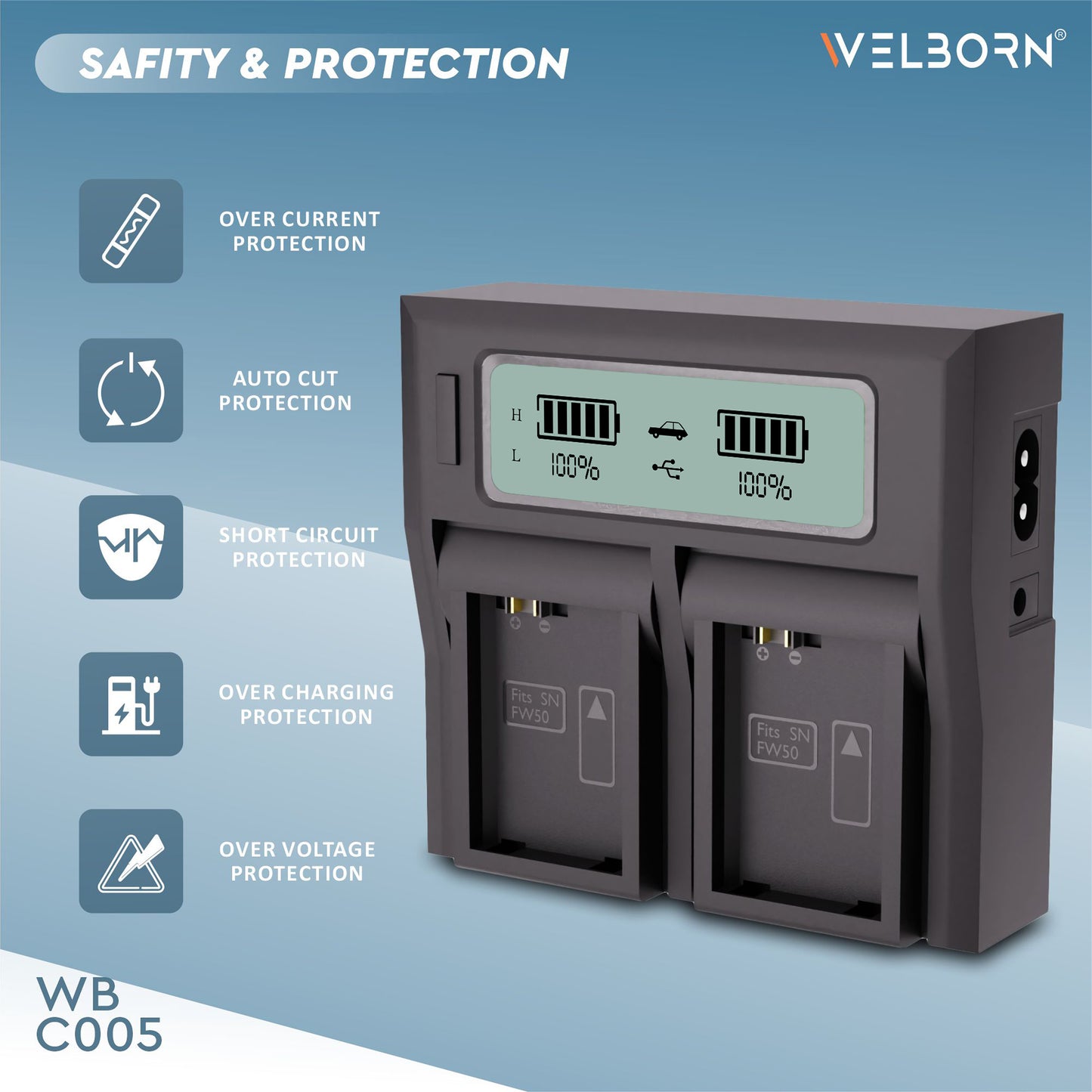 Welborn Dual LCD Camera Battery Charger for NP-FW50 Battery Compatible with A7/A7II/A7R A5100 NEX6 A6000 Cameras