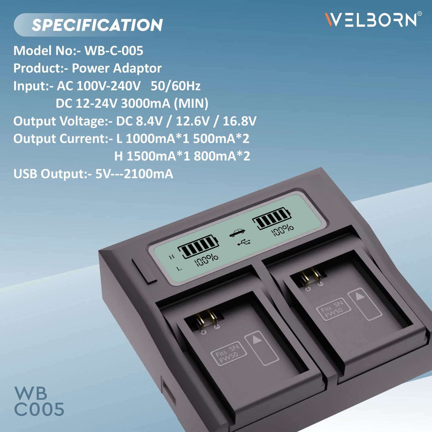 Welborn Dual LCD Camera Battery Charger for NP-FW50 Battery Compatible with A7/A7II/A7R A5100 NEX6 A6000 Cameras