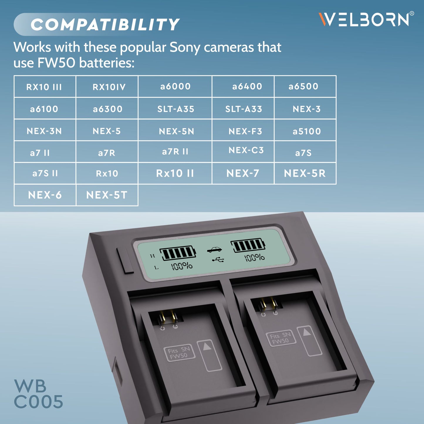 Welborn Dual LCD Camera Battery Charger for NP-FW50 Battery Compatible with A7/A7II/A7R A5100 NEX6 A6000 Cameras